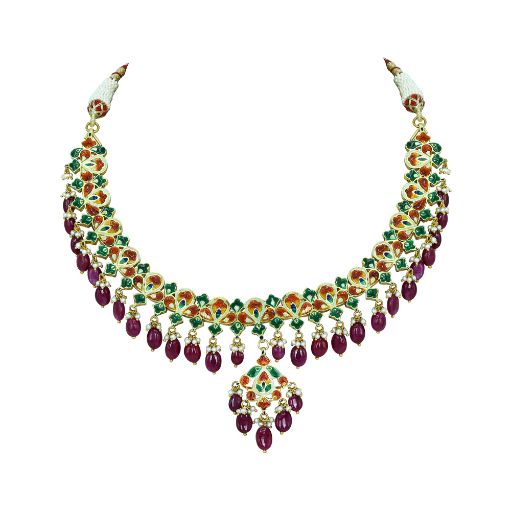 Polki Necklace with Red Enamel and Ruby Drops