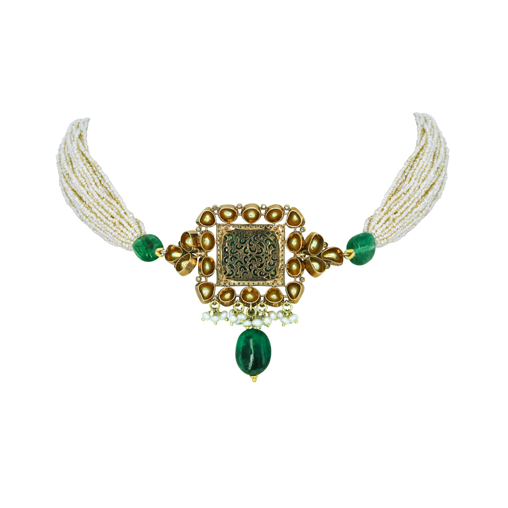 Carved Emerald Polki Choker with Pearl Strands and Emerald Drop