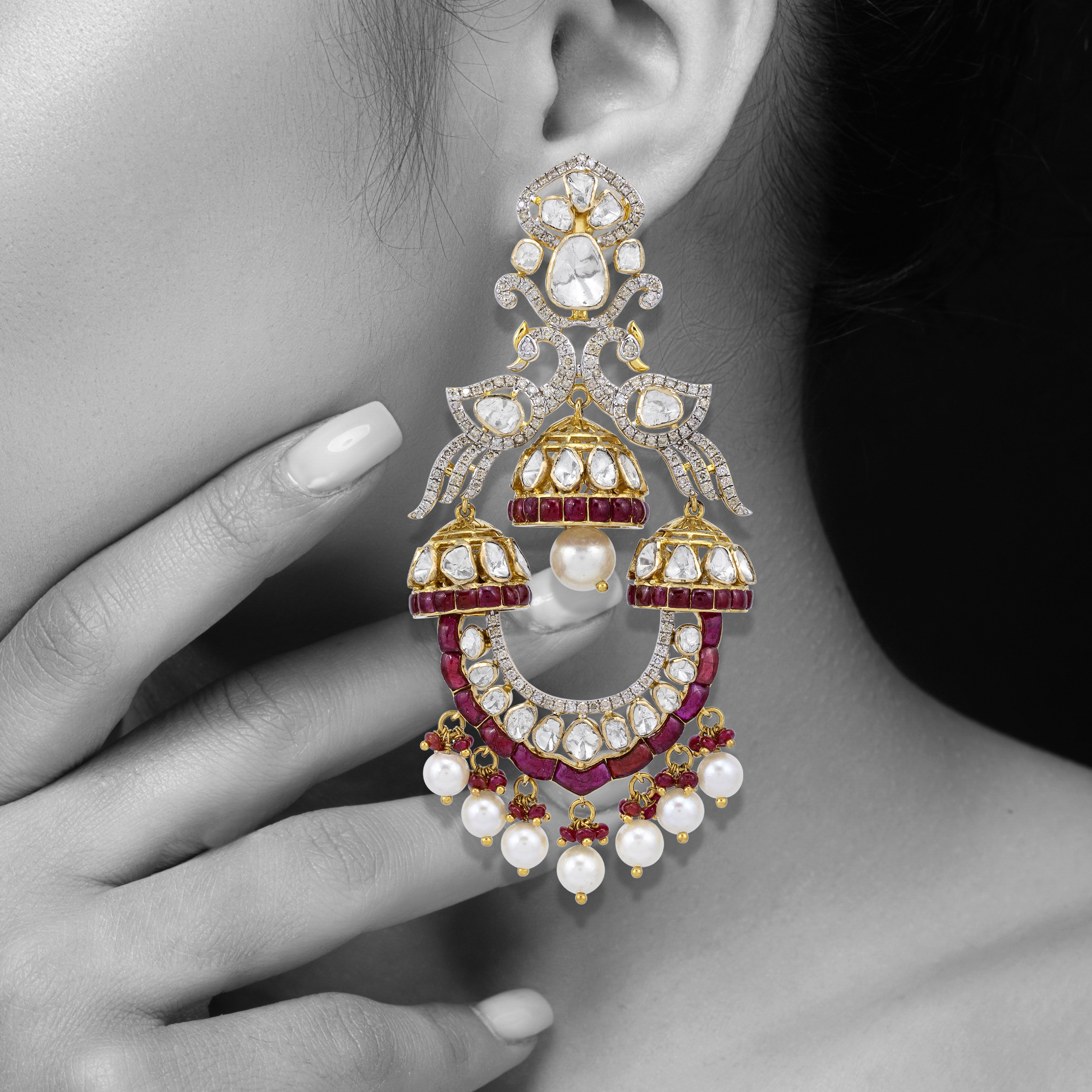 Ruby Bead and Pearl Danglers with Polki