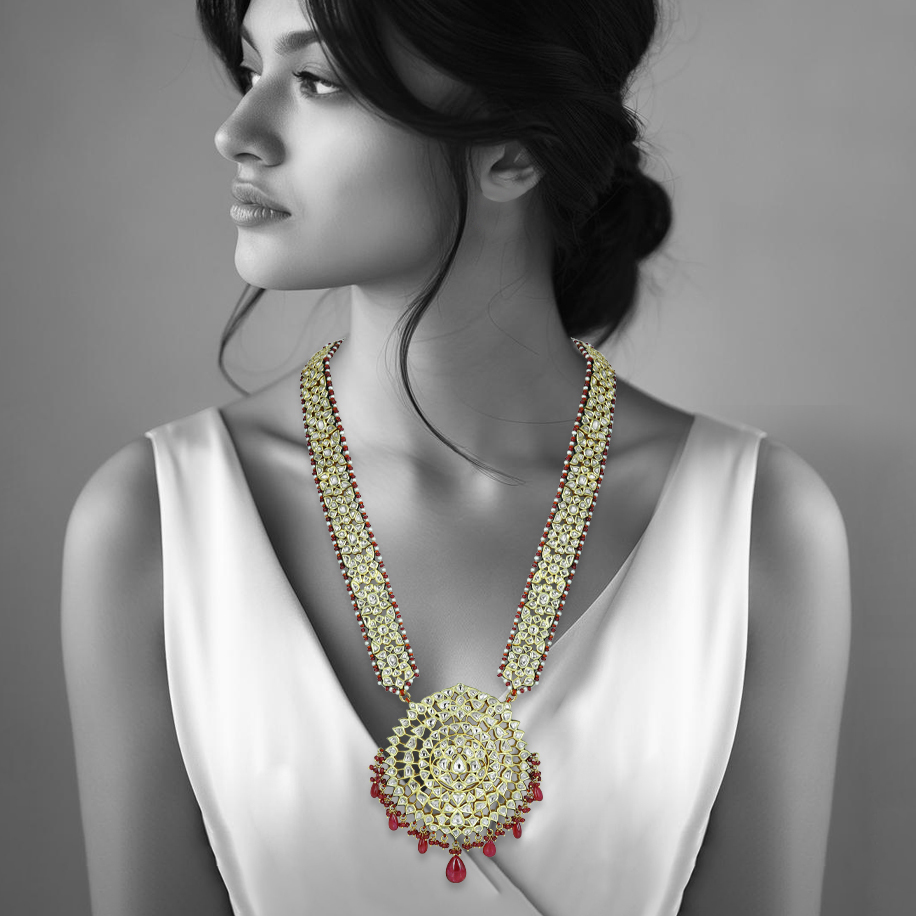 Polki Patri Haar Necklace with Spiral Pendant and Ruby Drops