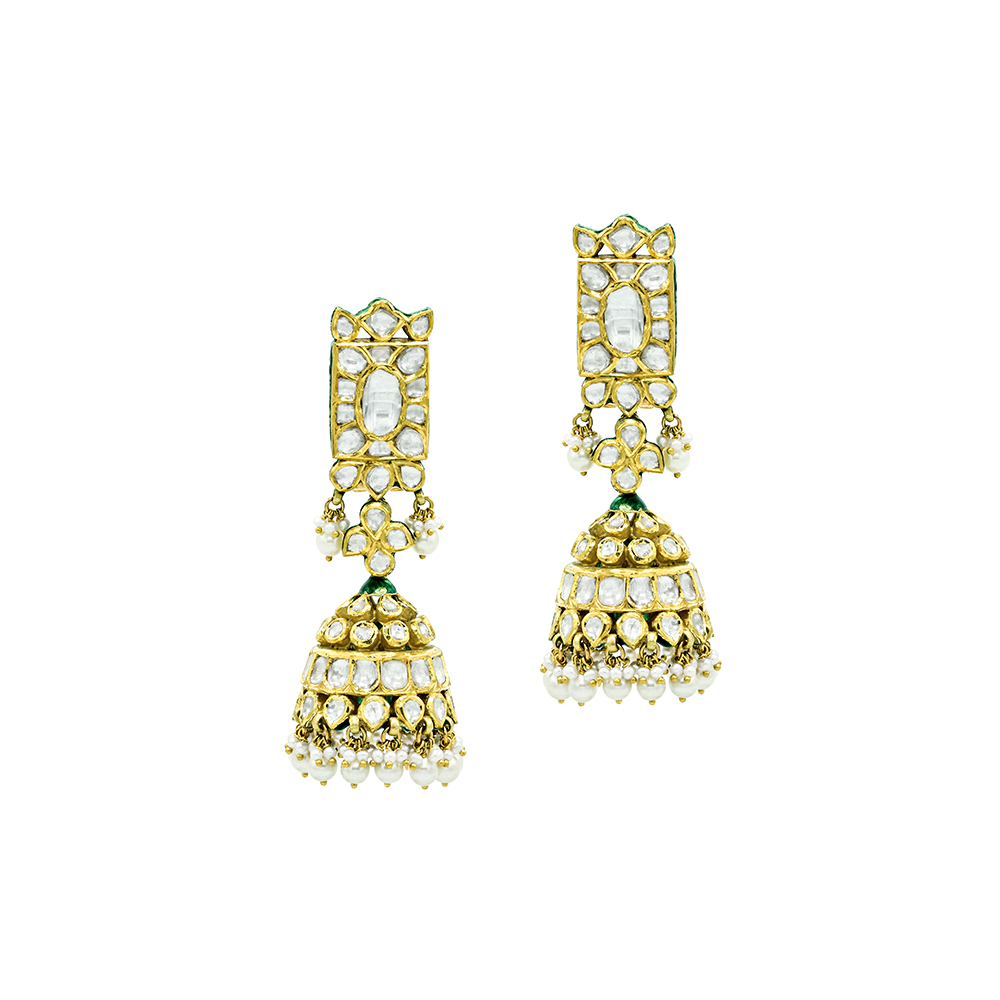 Gold Jhumki Earrings with Polki, Ivory Finish, and Pearls