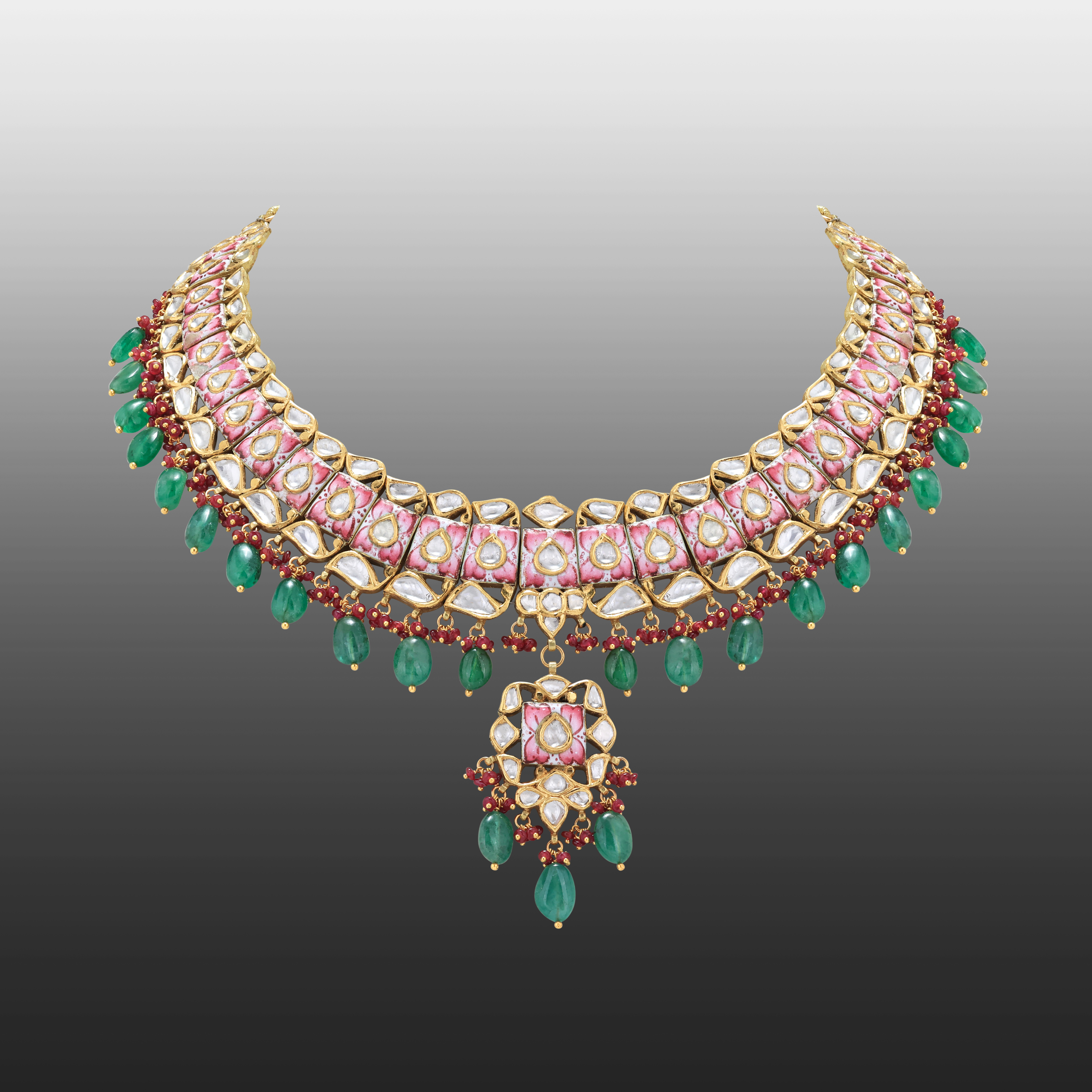 Pink Floral Polki Necklace with Emerald Maniya and Red Beads