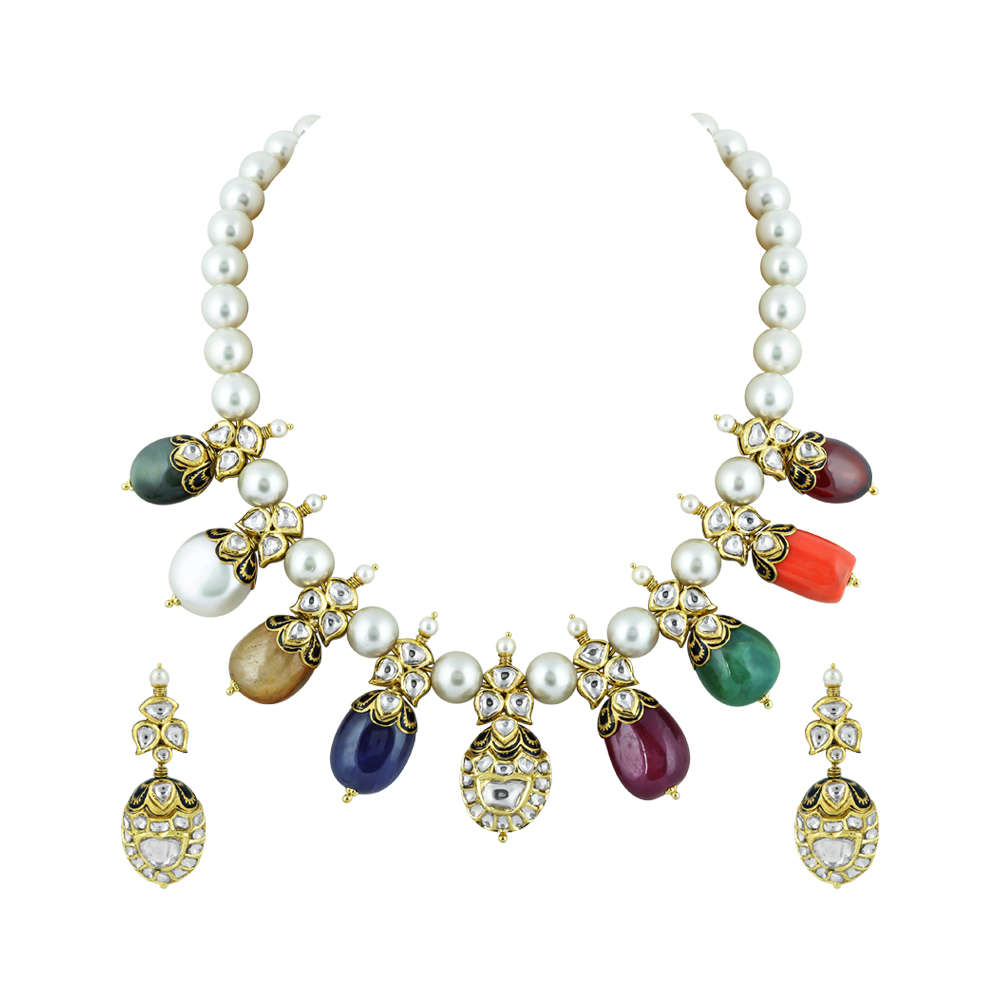 Navaratna Necklace Set with Pearls, Polki, and Vibrant Gemstones