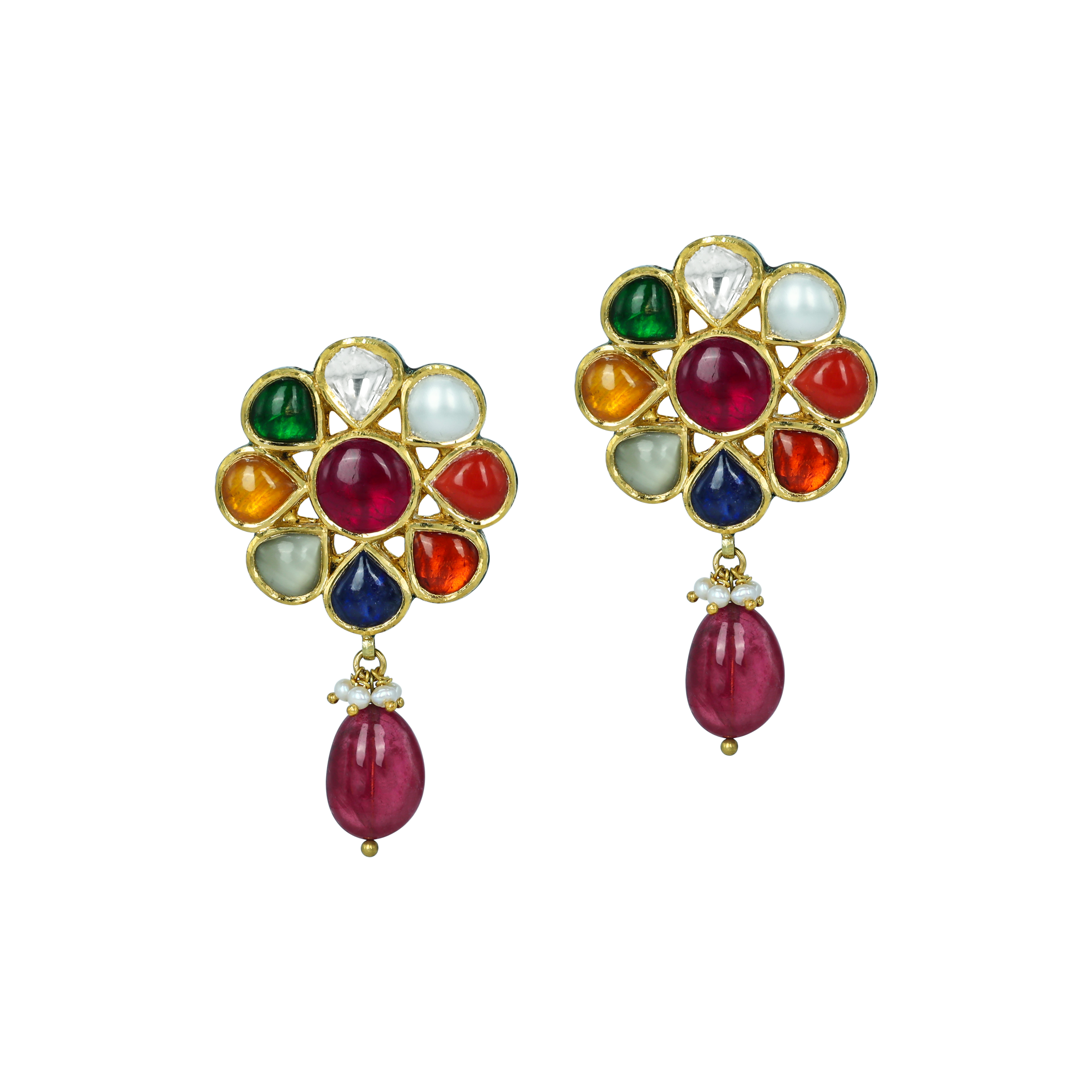 Navratan Floral Earrings with Ruby Drops