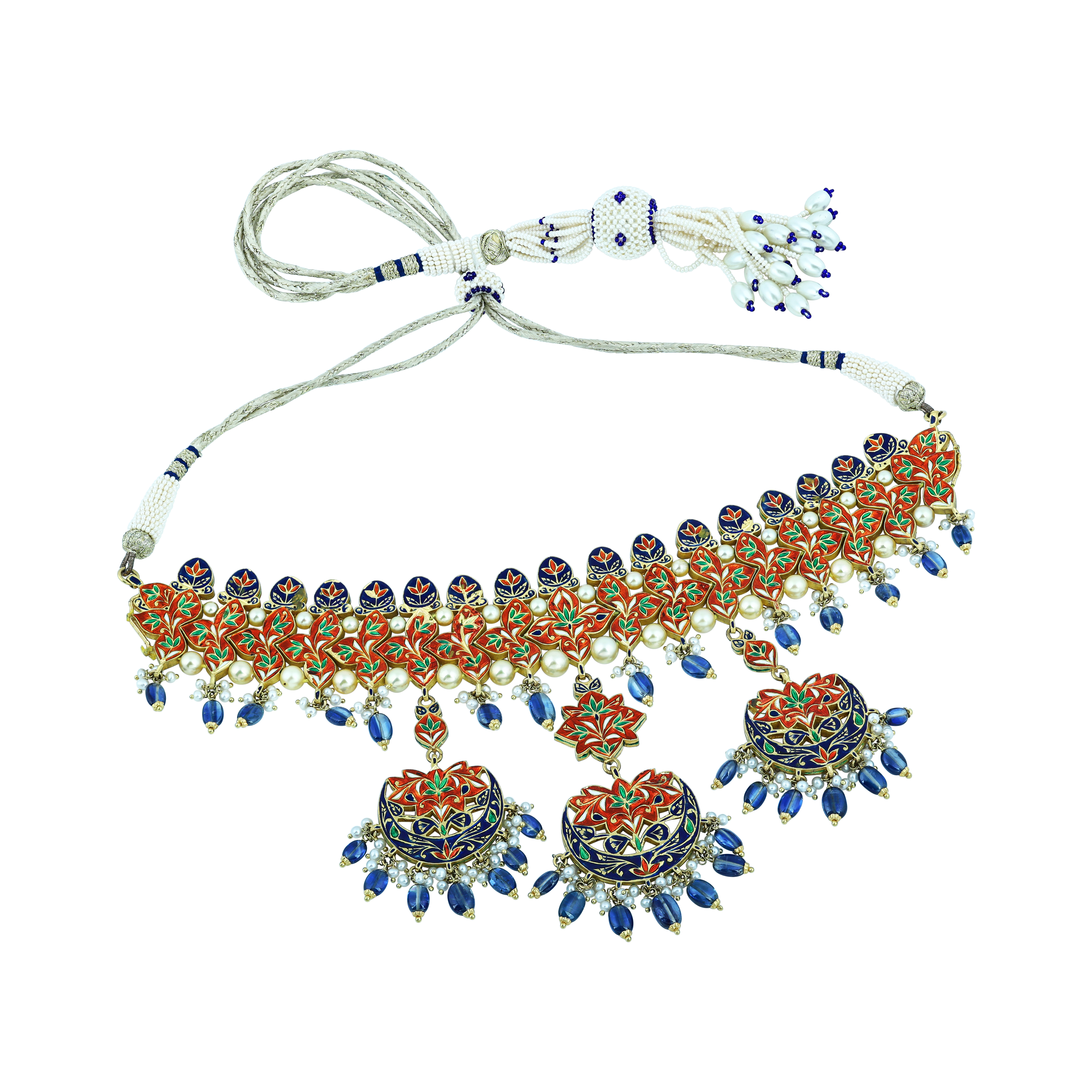 Lotus Enamel Choker Set with Polkis and Blue Kinite Beads