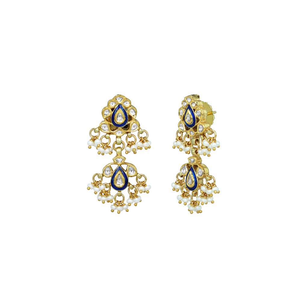 Double-Tier Blue Enamel Earrings with Polki and Pearl Drops