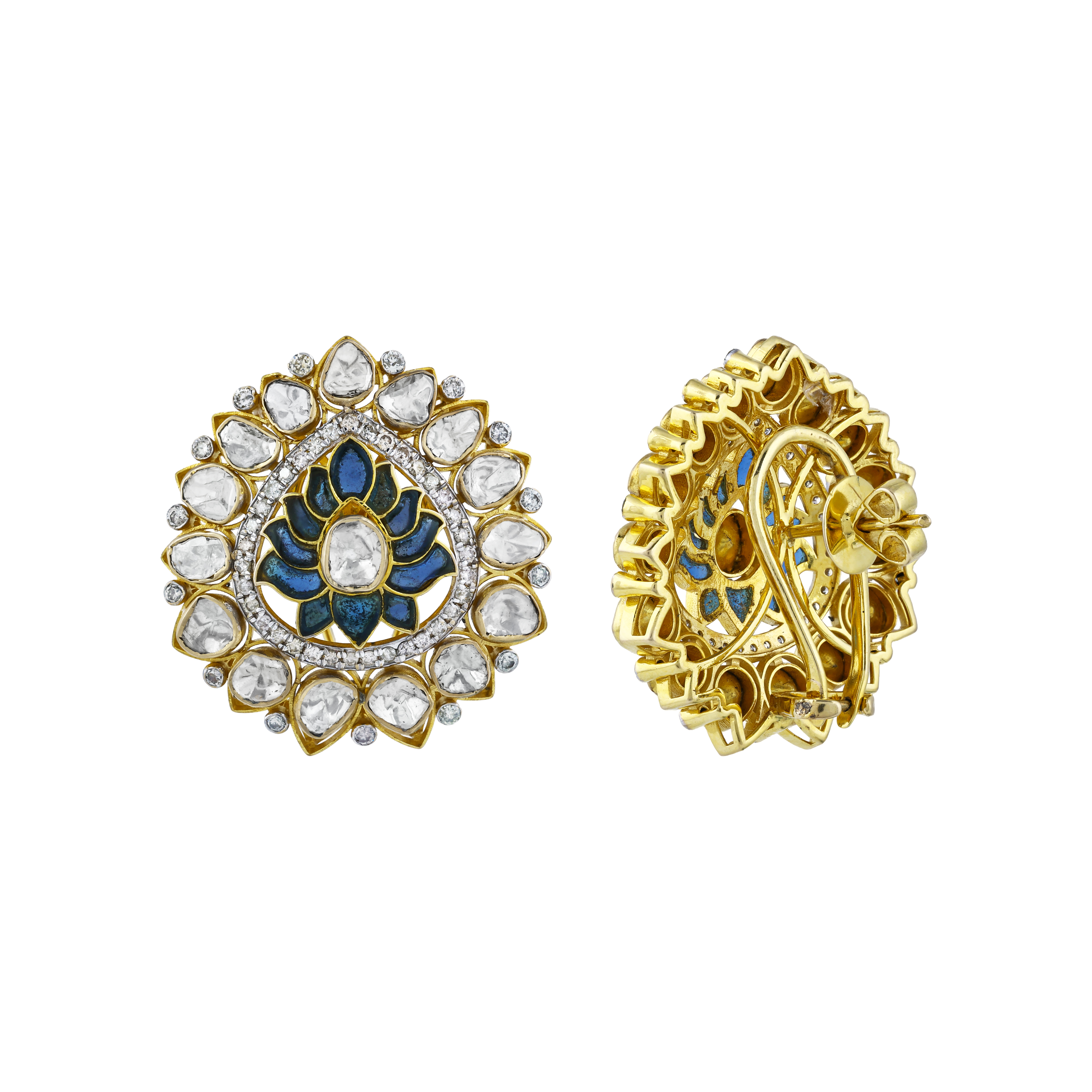 Blue Talaf Lotus Earrings with Uncut Diamonds
