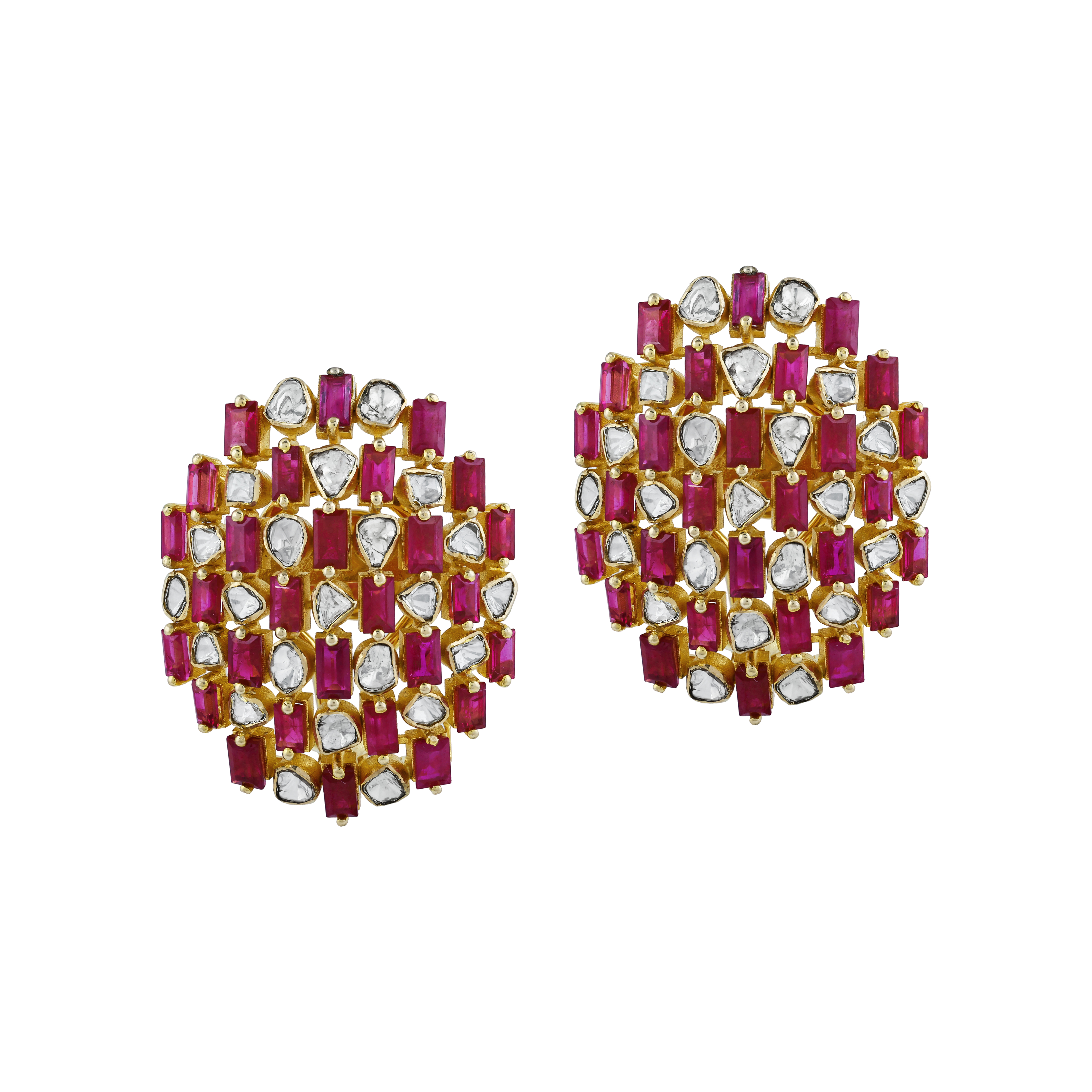 Geometric Red Cut Stone Earrings with Polkis