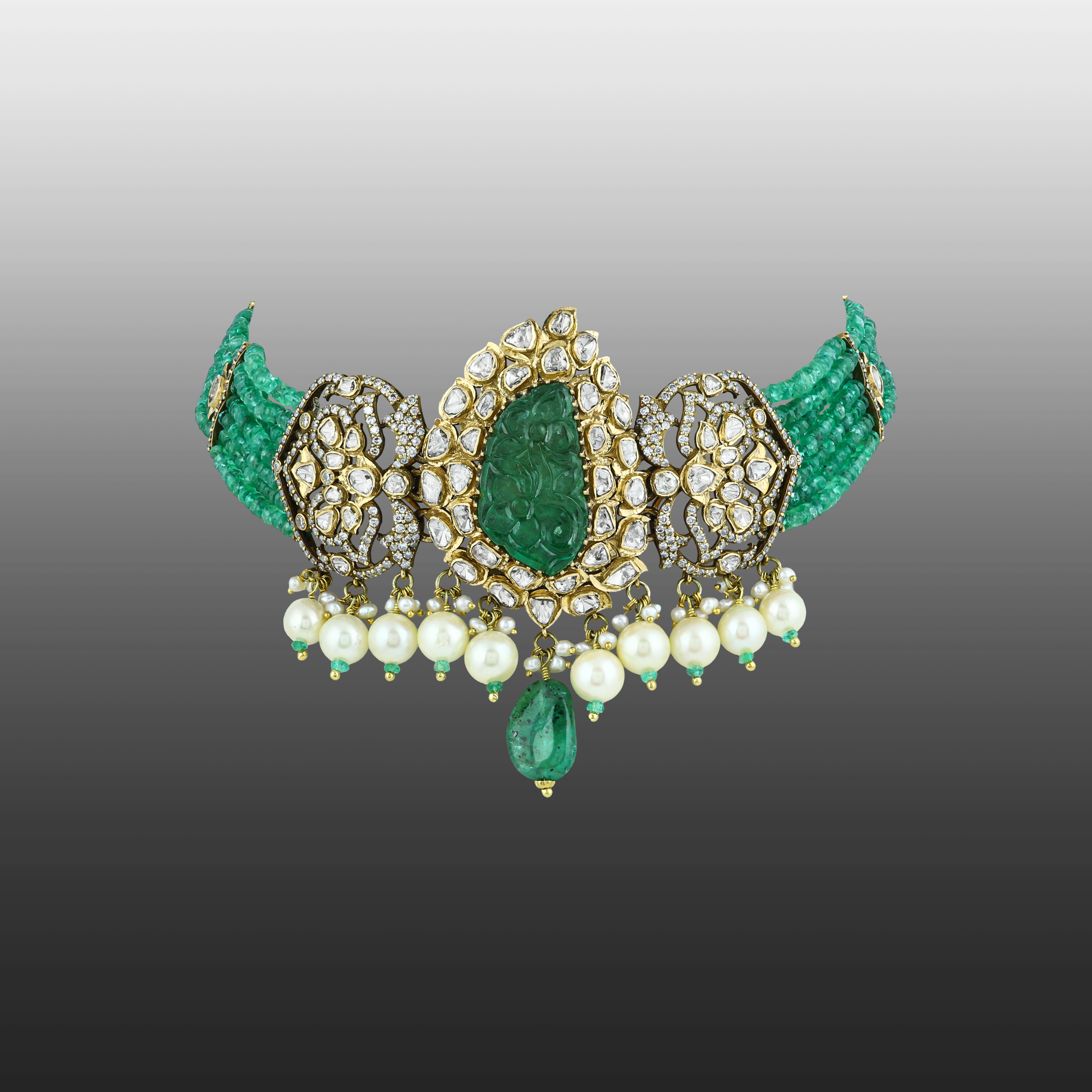 Carved Emerald Choker with Polki, Diamond Filigree, and Pearl Drops