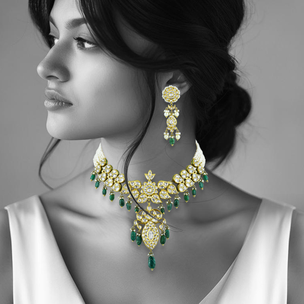 Polki Necklace Set with Emerald Drops and Pearl Strands
