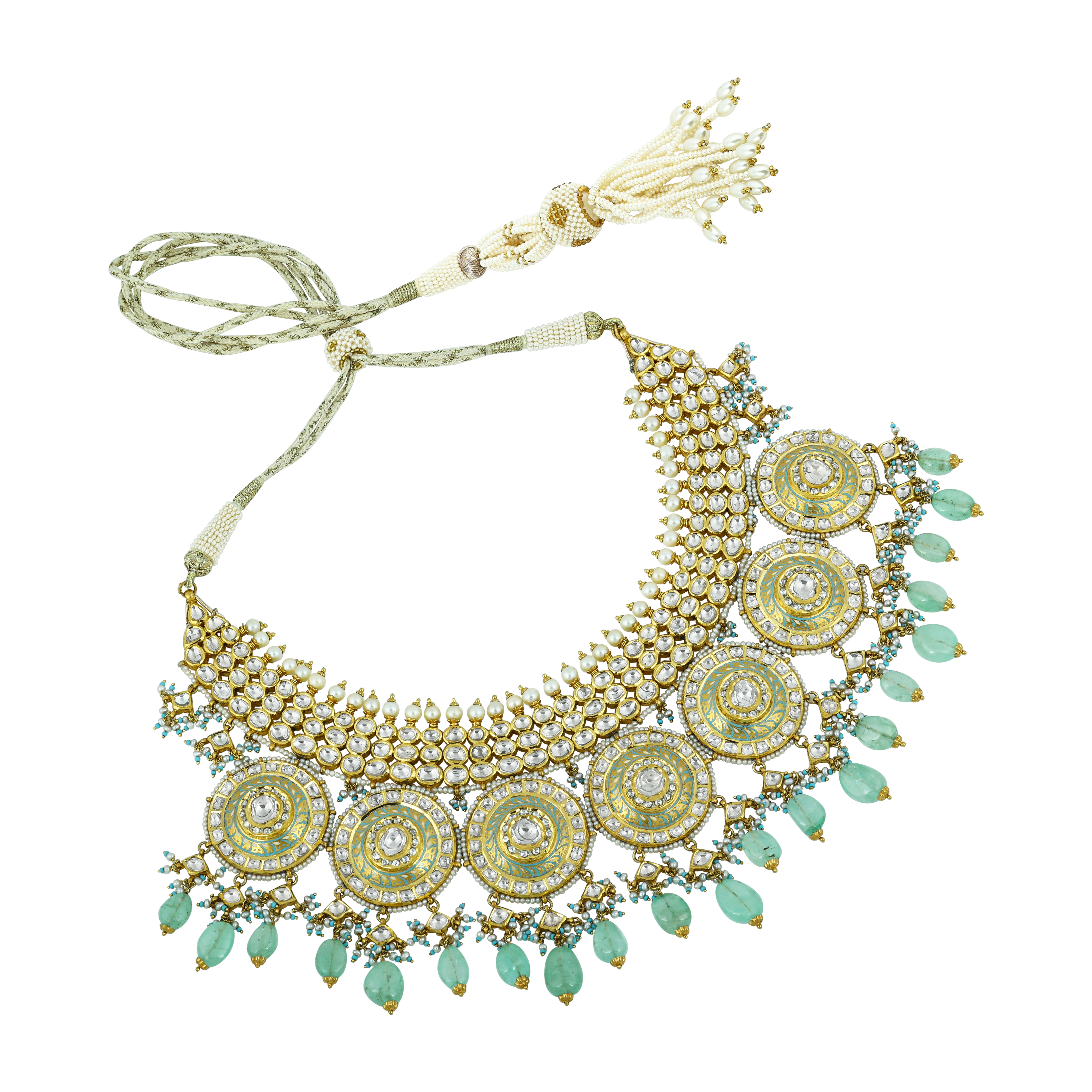 Meenakari Polki Necklace Set with Mint Green Drops and Pearls