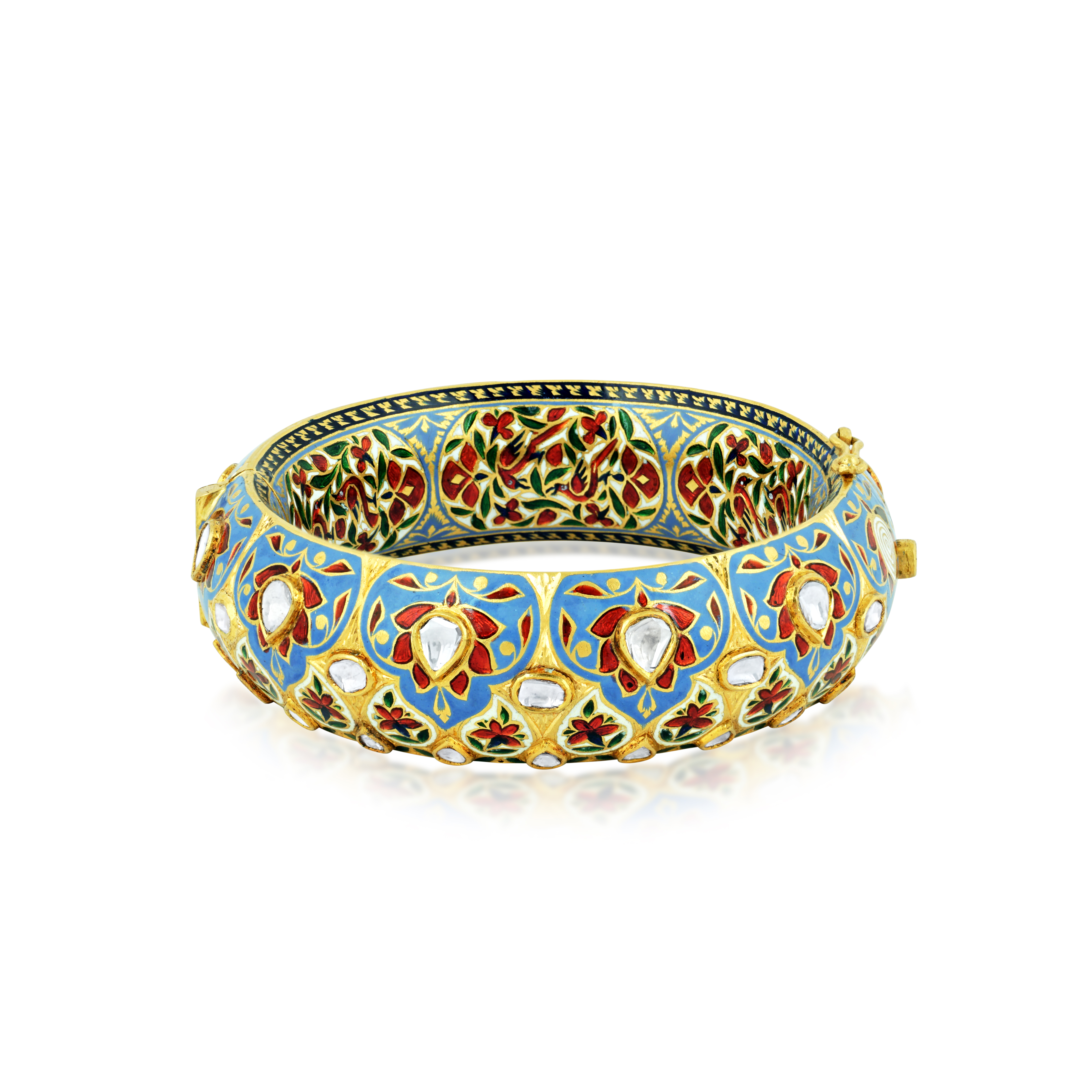 Gold Bangle with Crimson Lotus Motifs and Polki on Blue Enamel
