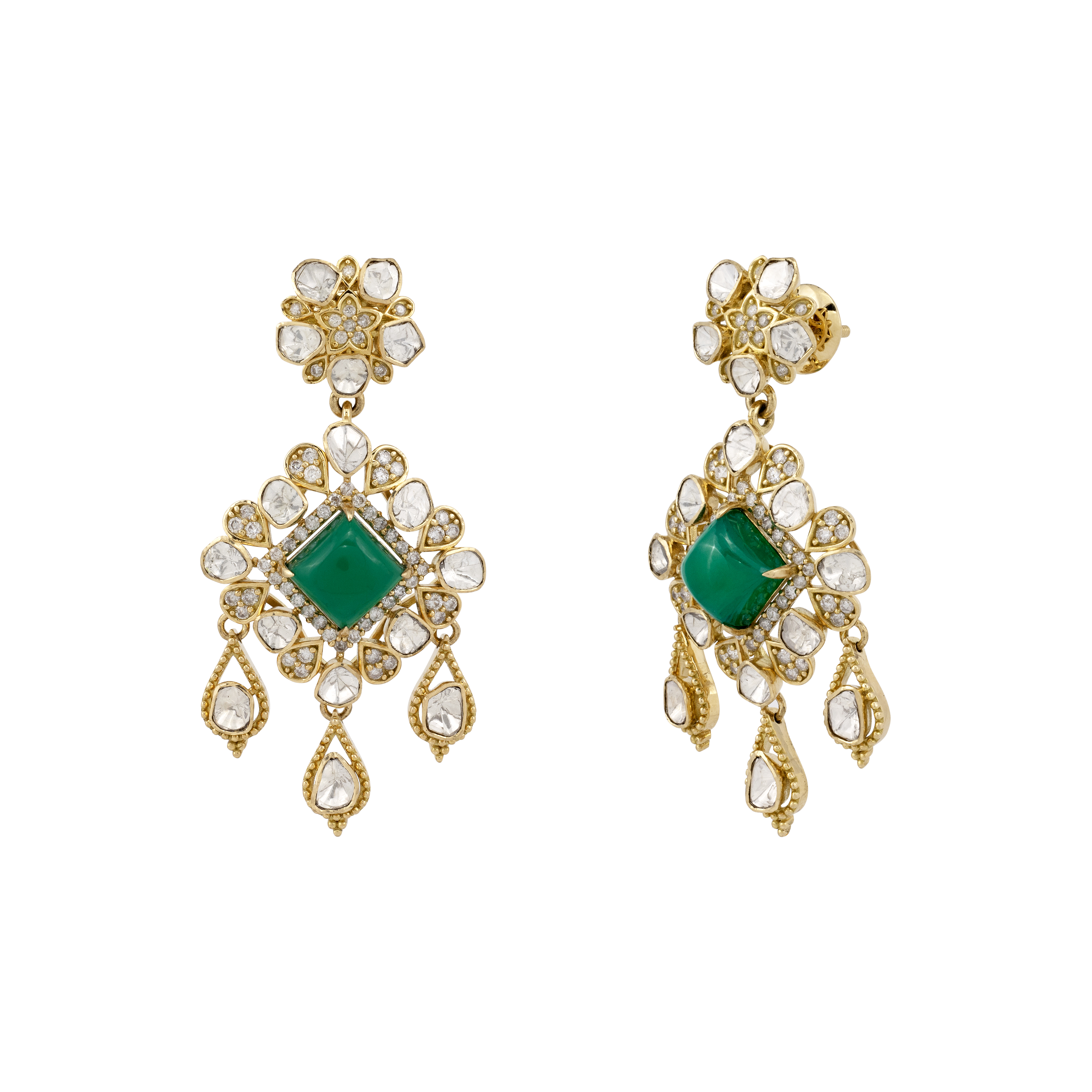 Polki Drop Earrings with Emerald Colour Center Stone