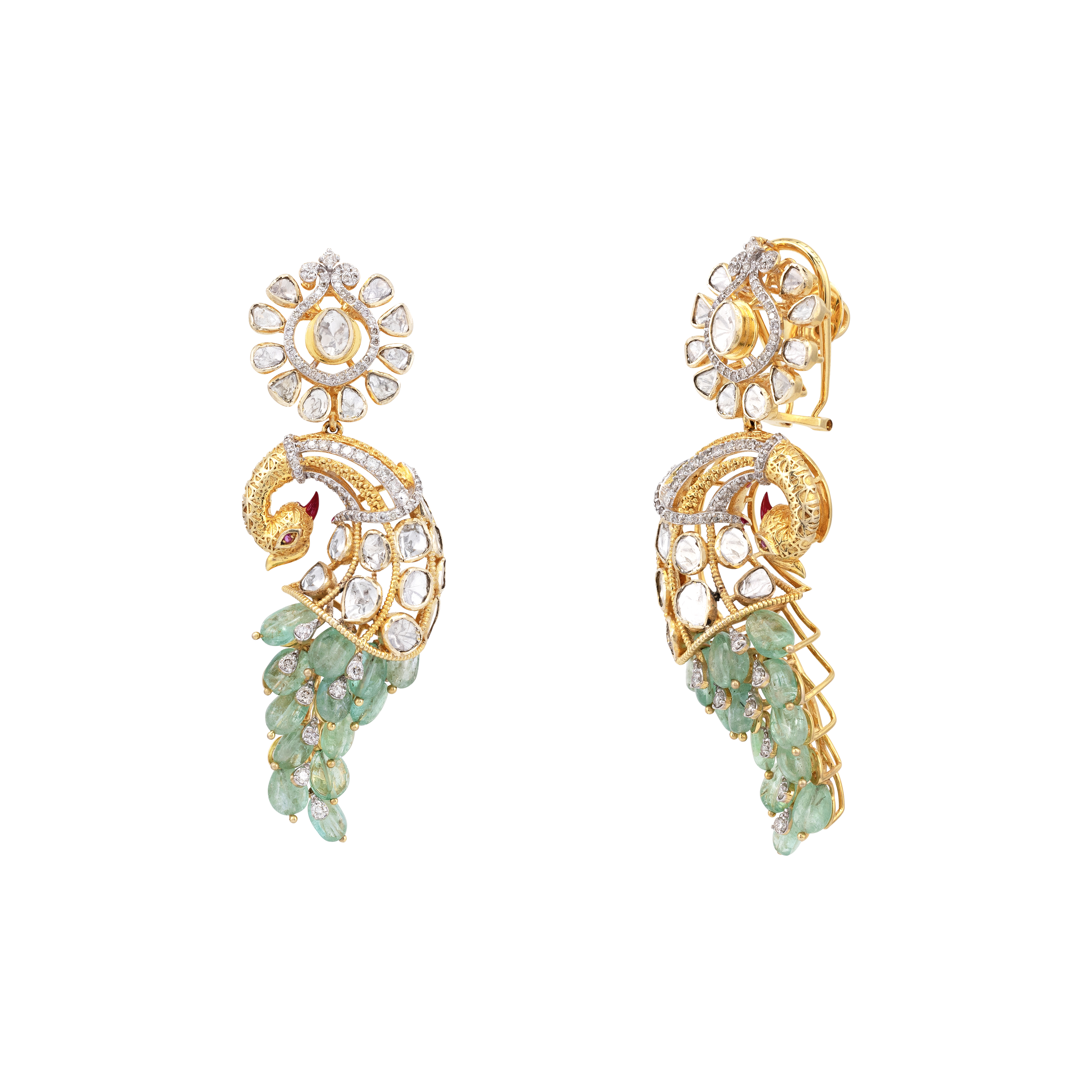 Emerald Feather Polki Peacock Drop Earrings