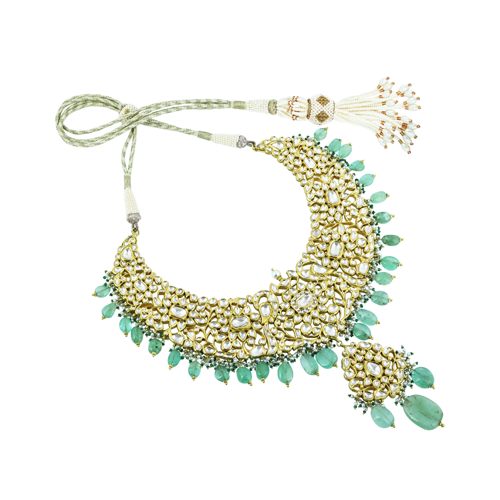 Polki Necklace Set with Gold Detailing and Emerald Drops