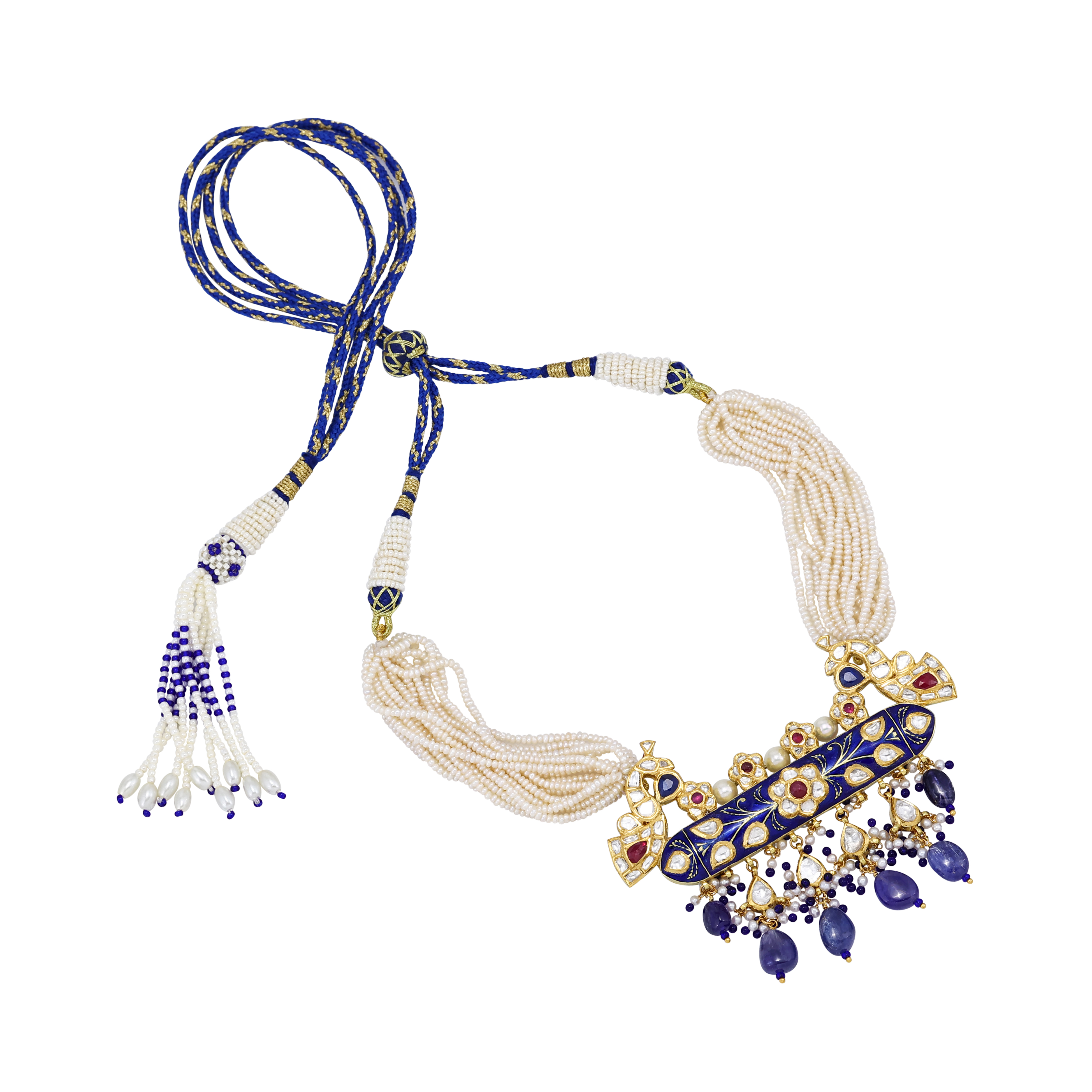 Blue Peacock Meenakari Pendant with Sapphire and Pearls
