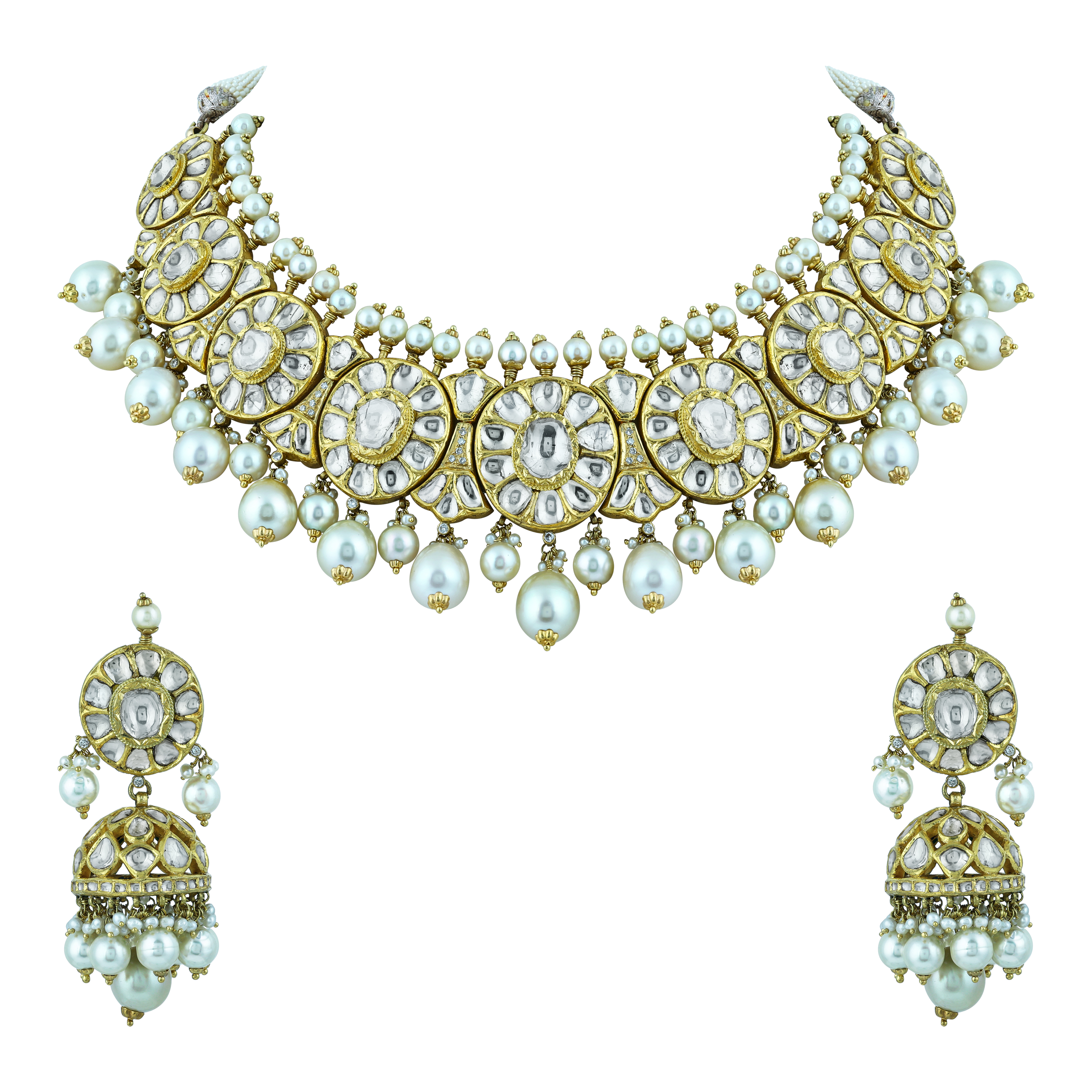 Elegant Necklace Set with Uncut Diamond Polkis and Pearls