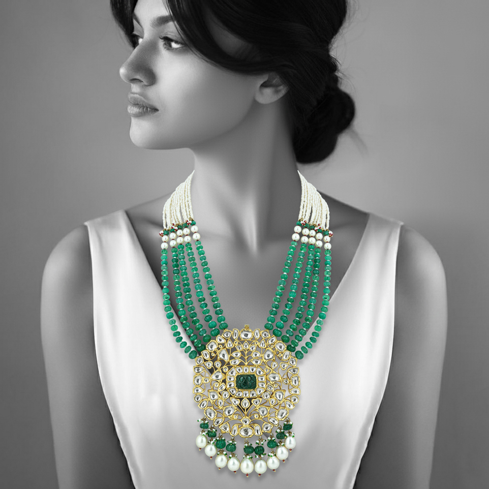 Emerald Melon Bead Necklace with Polki, Pearl Strands and Drops