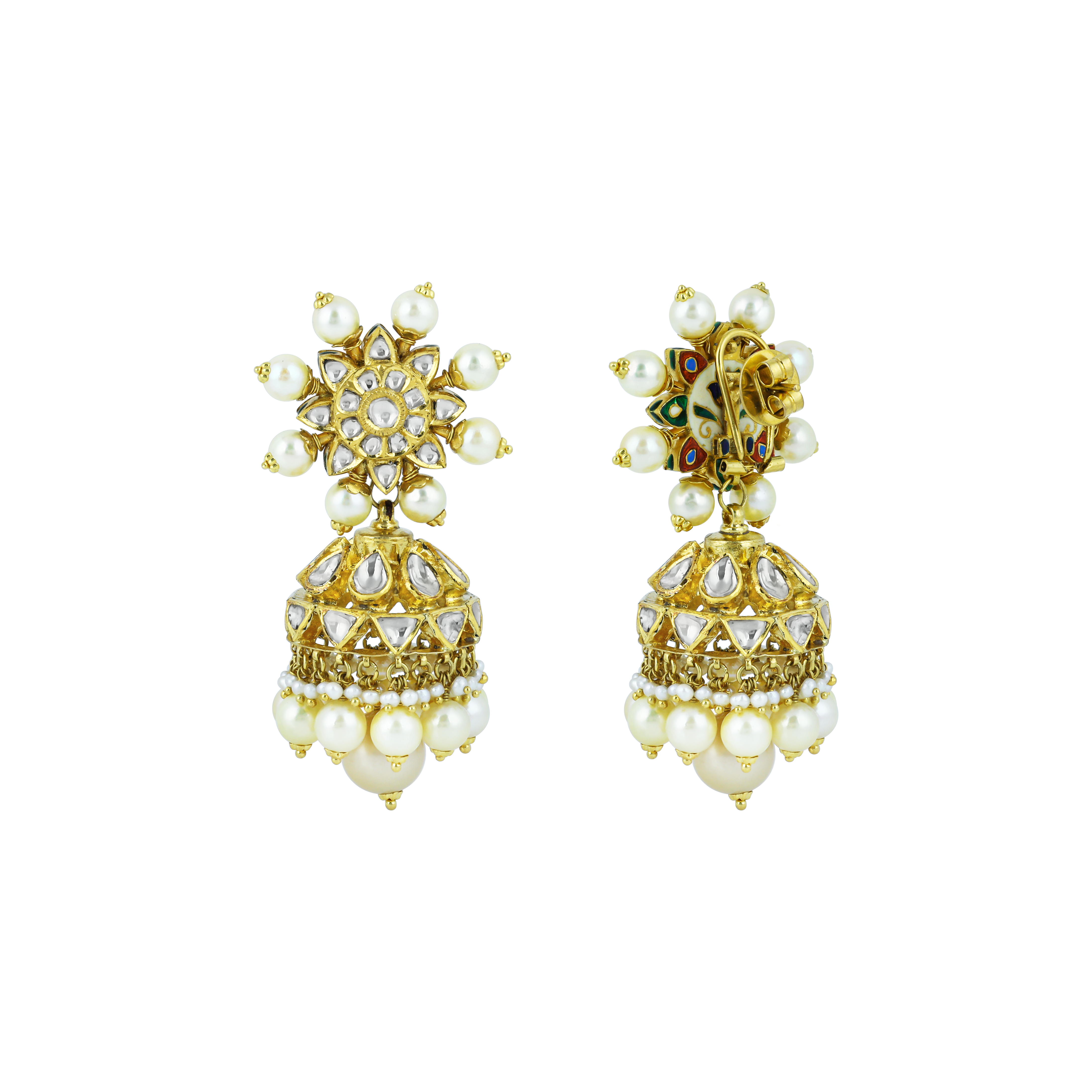 Floral Polki Jhumka Earrings with Layered Pearls