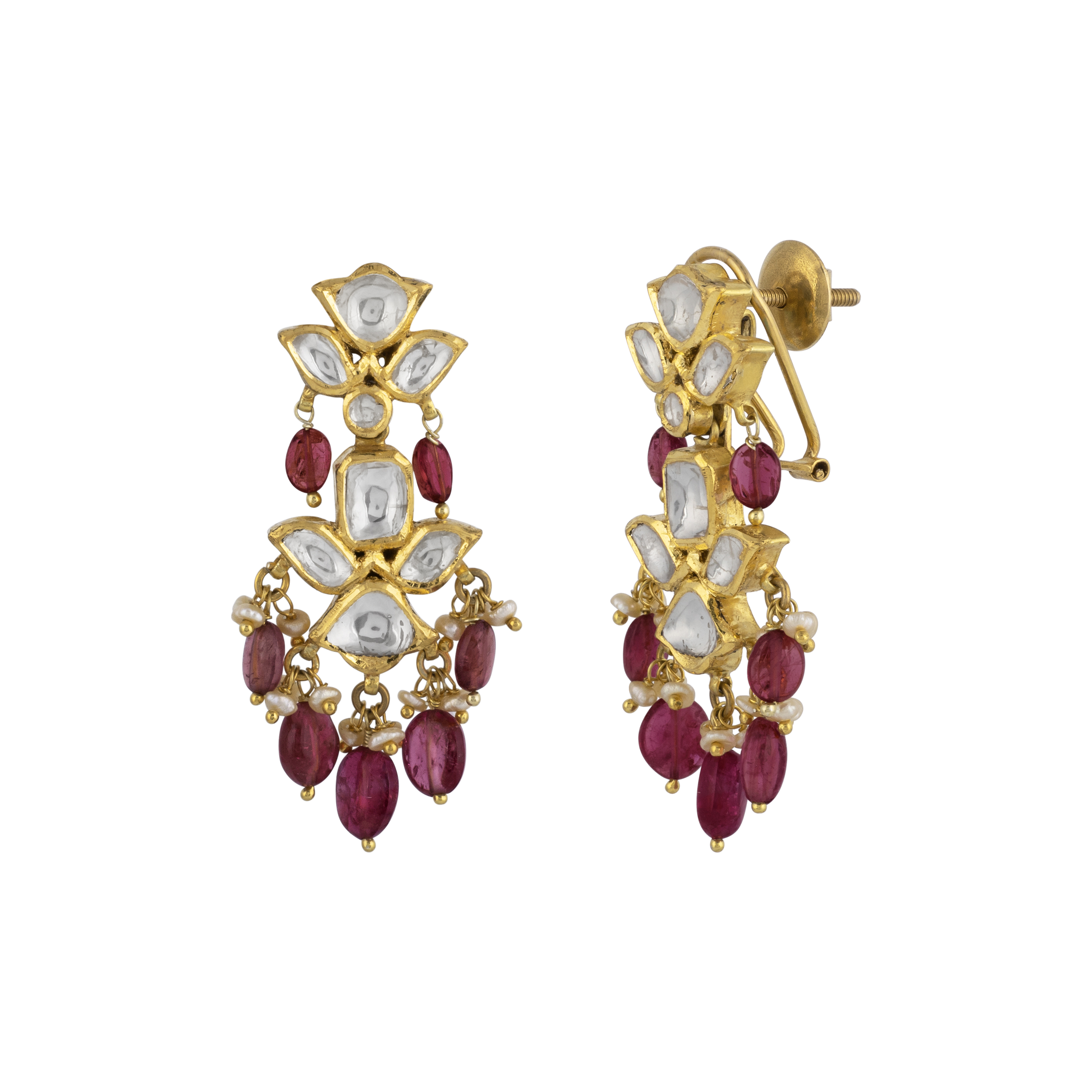 Polki Earrings with Tourmaline Drops and Pearl Accents