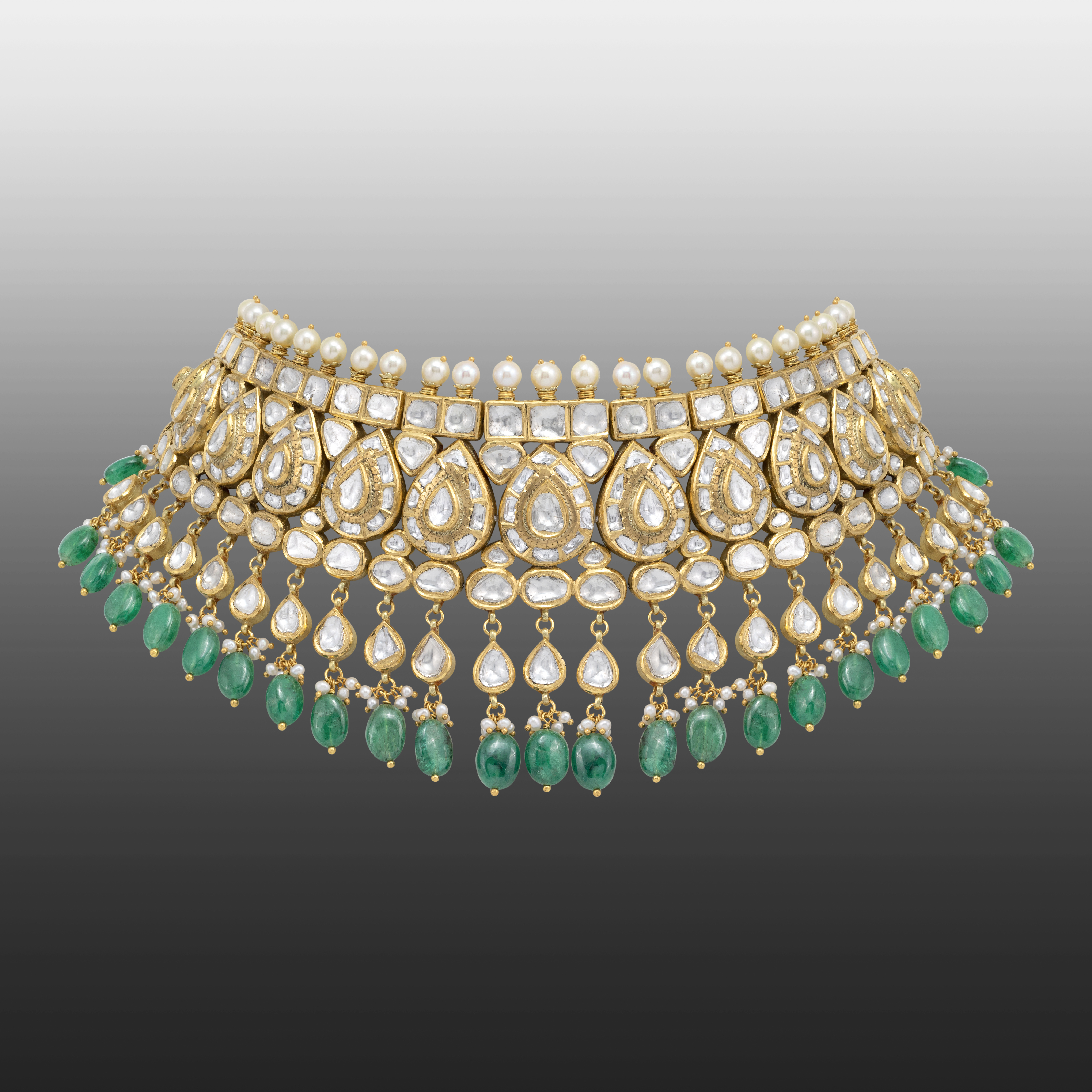Bridal Pear Polki Choker with Emerald Maniya and Pearl Fungar