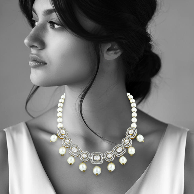 Square Polki Necklace with Diamond Frames & Southsea Pearls