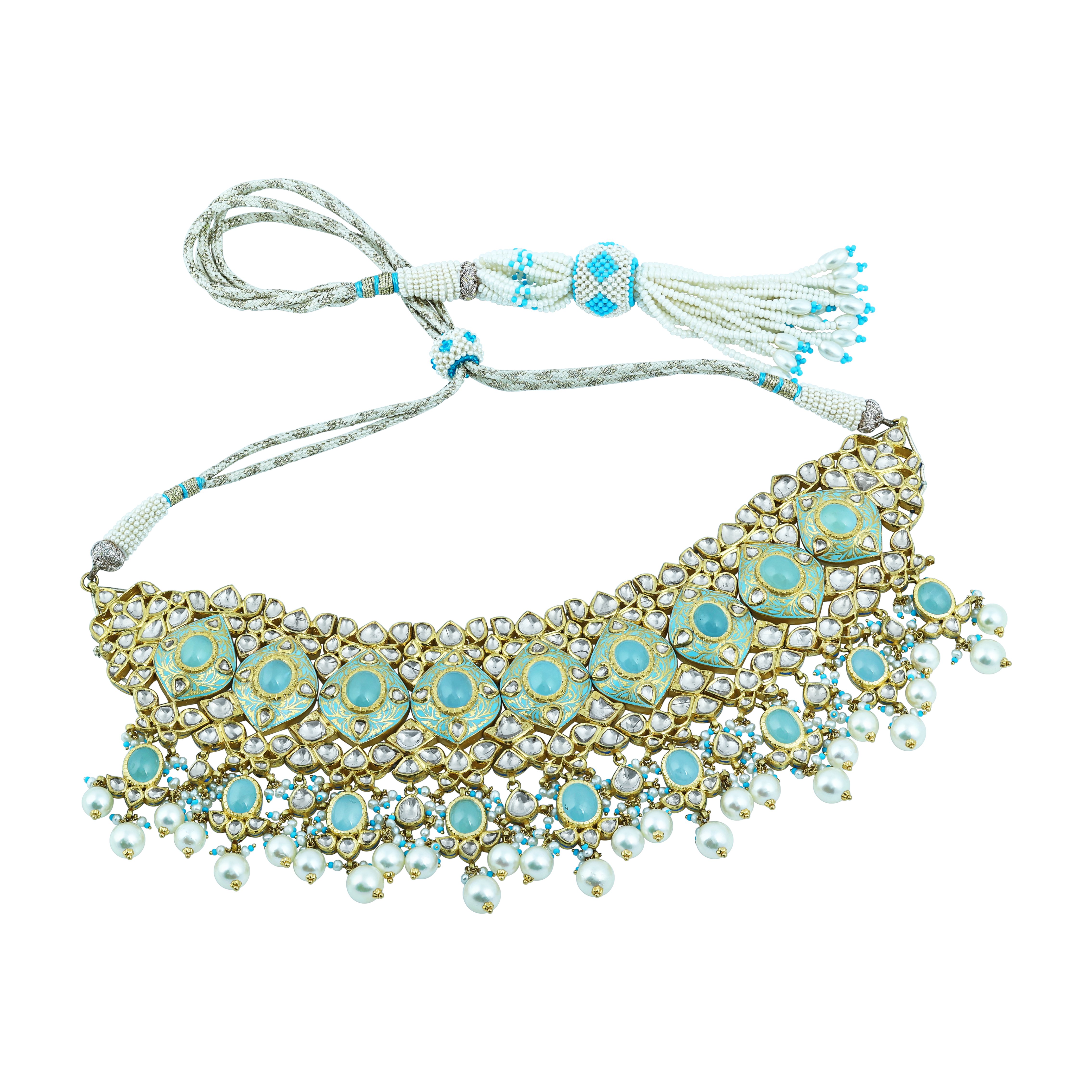 Turquoise Enamel Choker Set with Teardrop Polki and Pearl Clusters