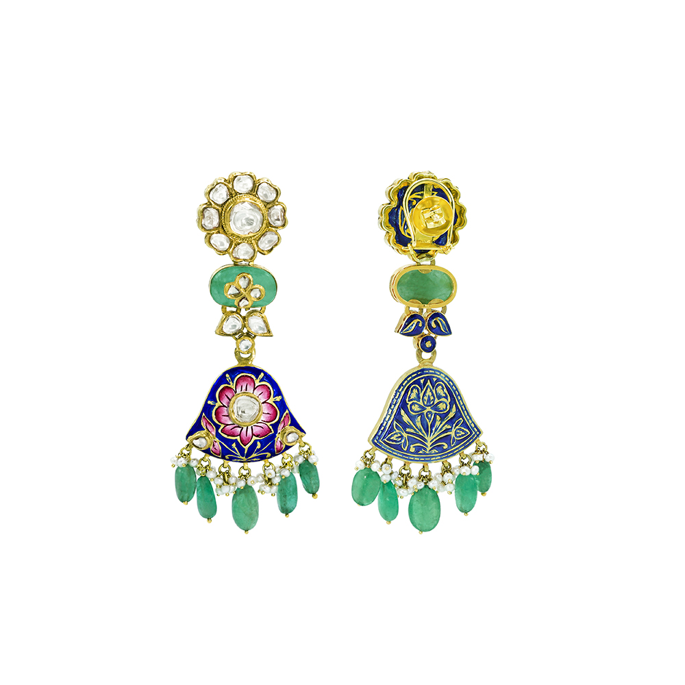 Polki Earrings with Blue-Pink Enamel, Emeralds, and Pearls
