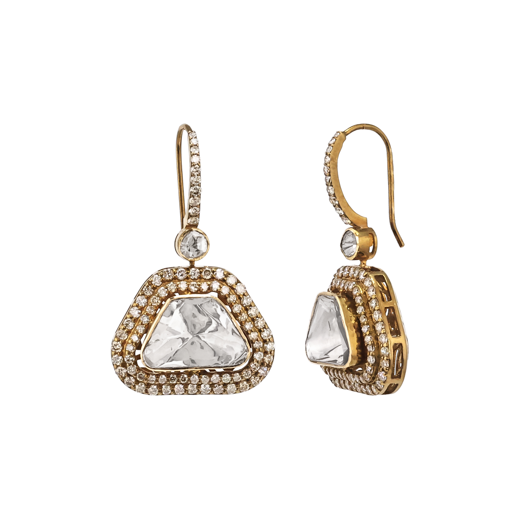 Antique-Finish Drop Polki Earrings with Diamond Border