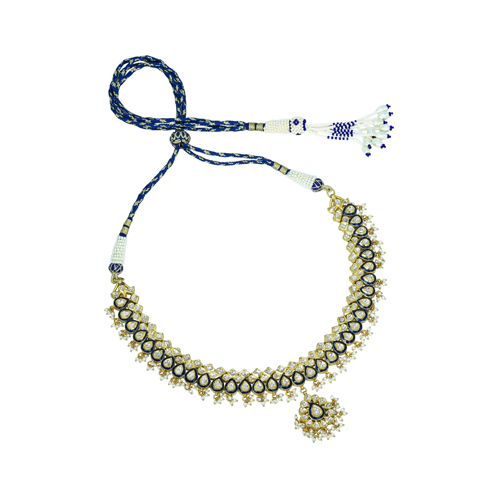 Layered Polki Necklace with Blue Enamel and Pearls