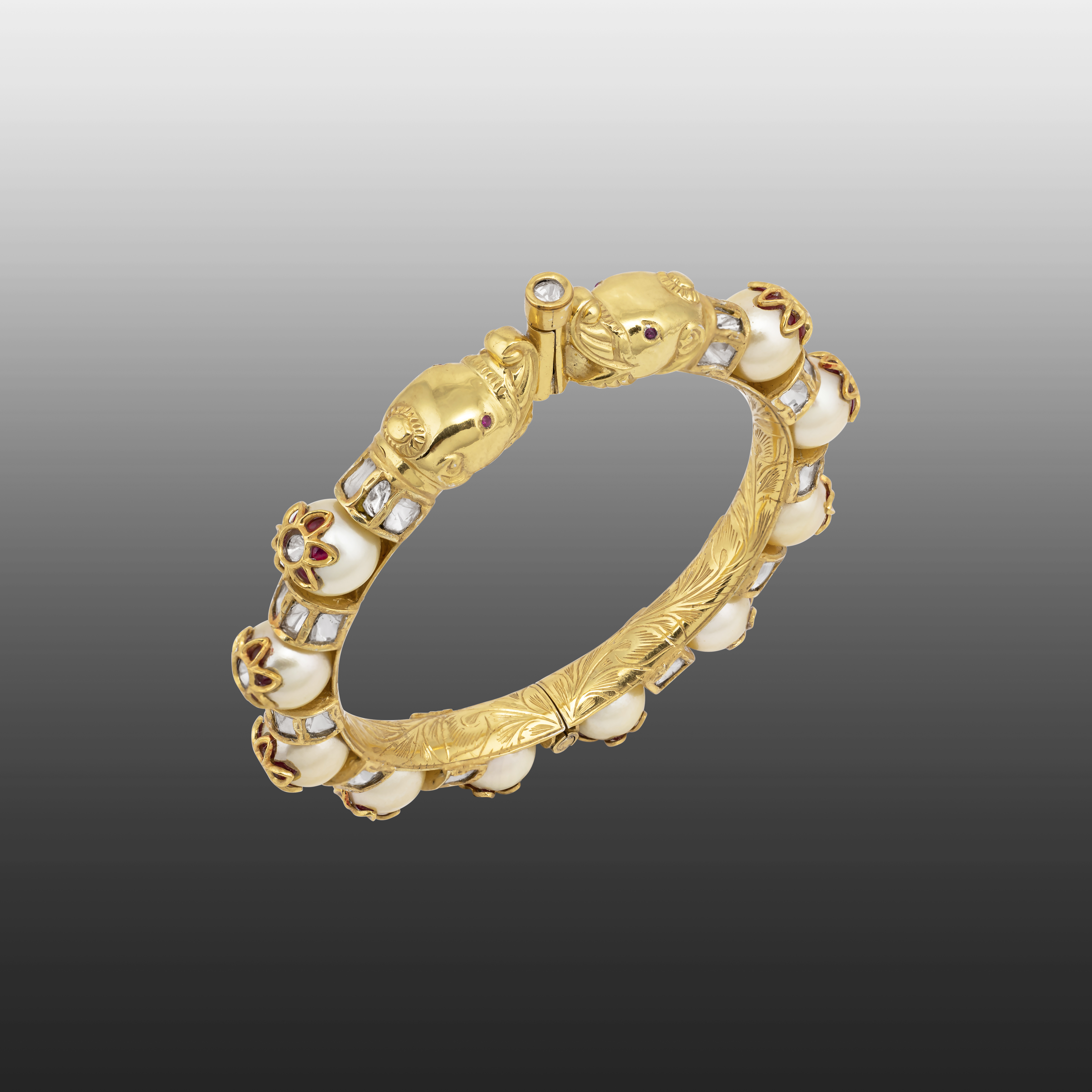 Pearl Inlay Gold Kada with Polki Baguettes