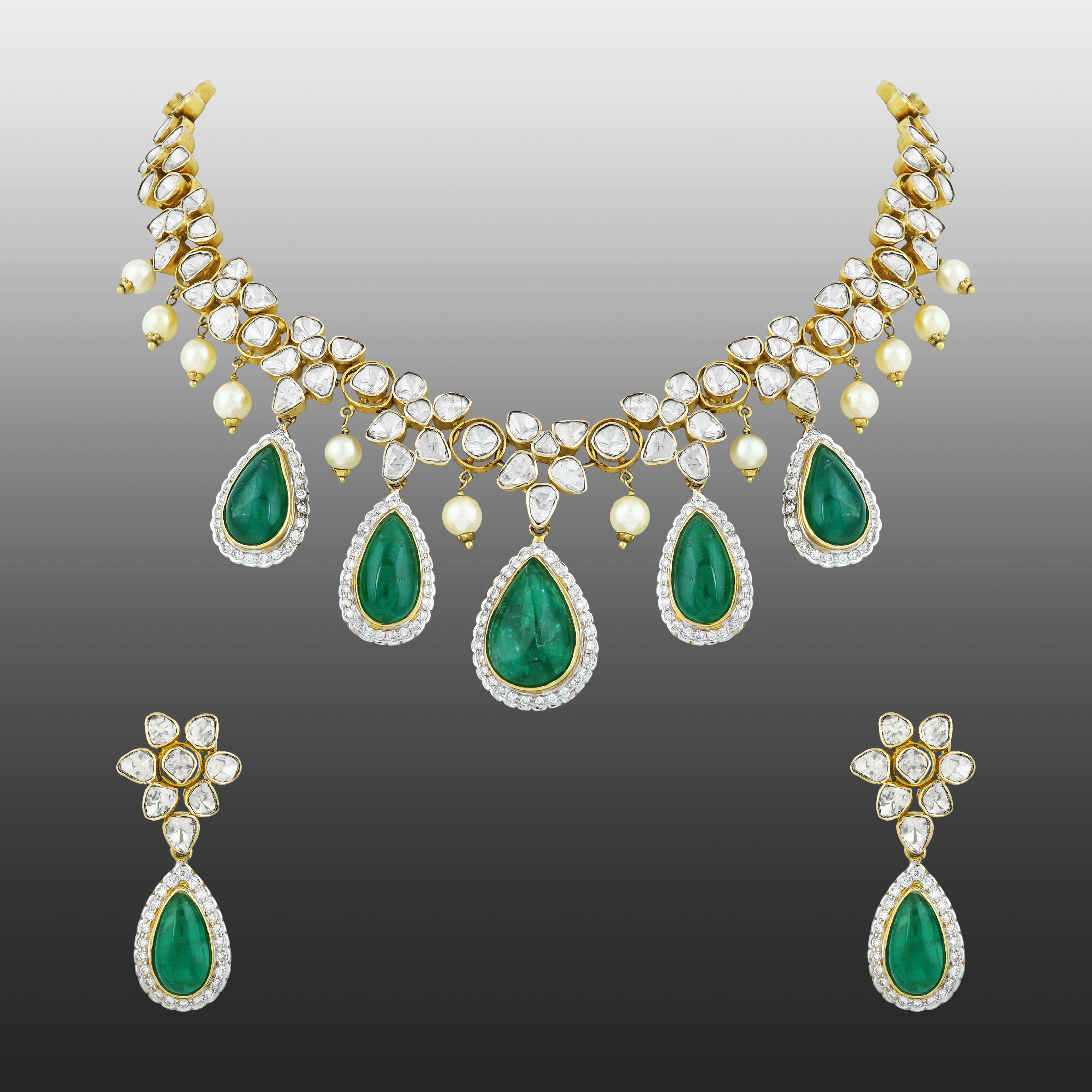 Polki Necklace Set with Emerald Drops & Diamond Halos