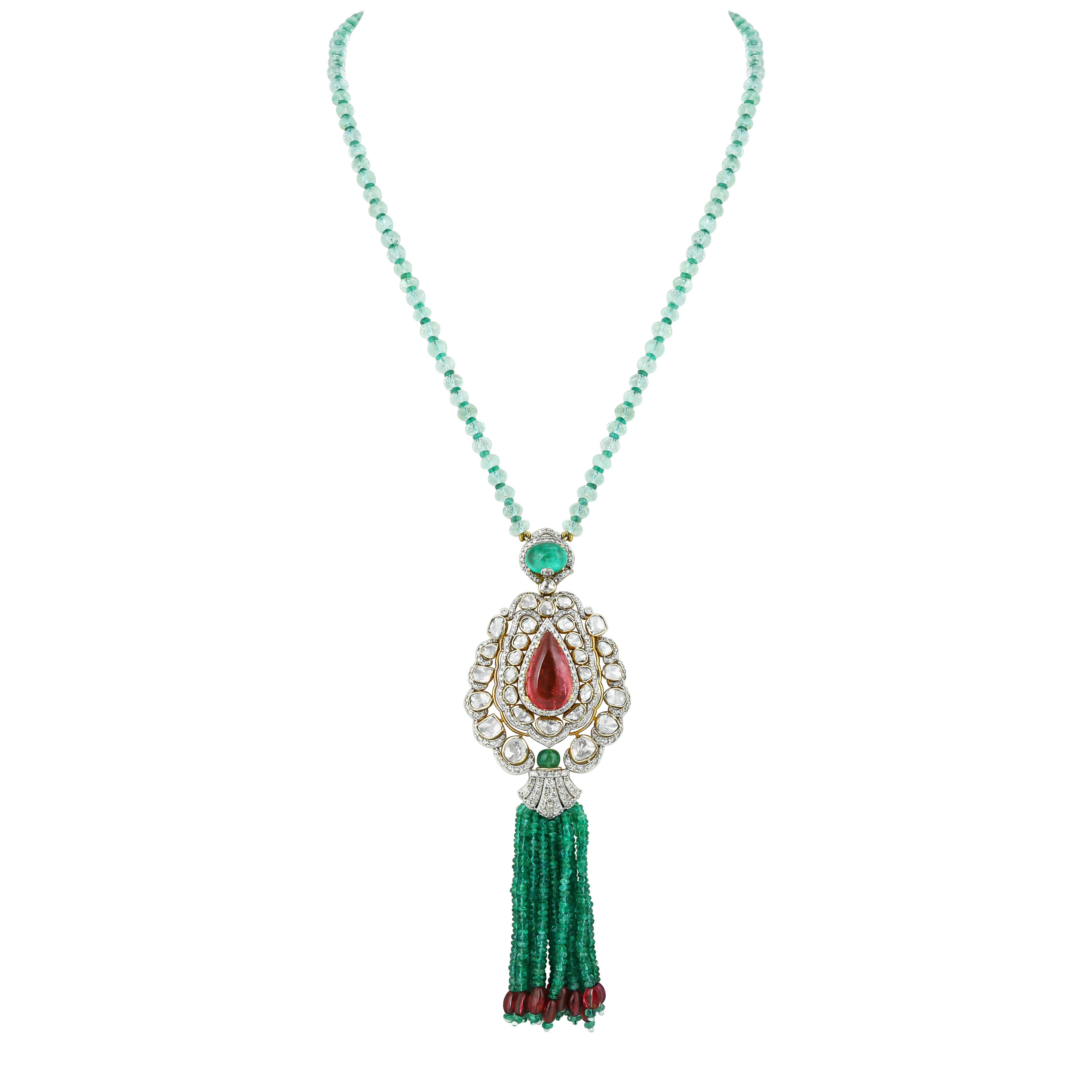 Pear Tourmaline Polki Pendant with Emerald Bead Tassels