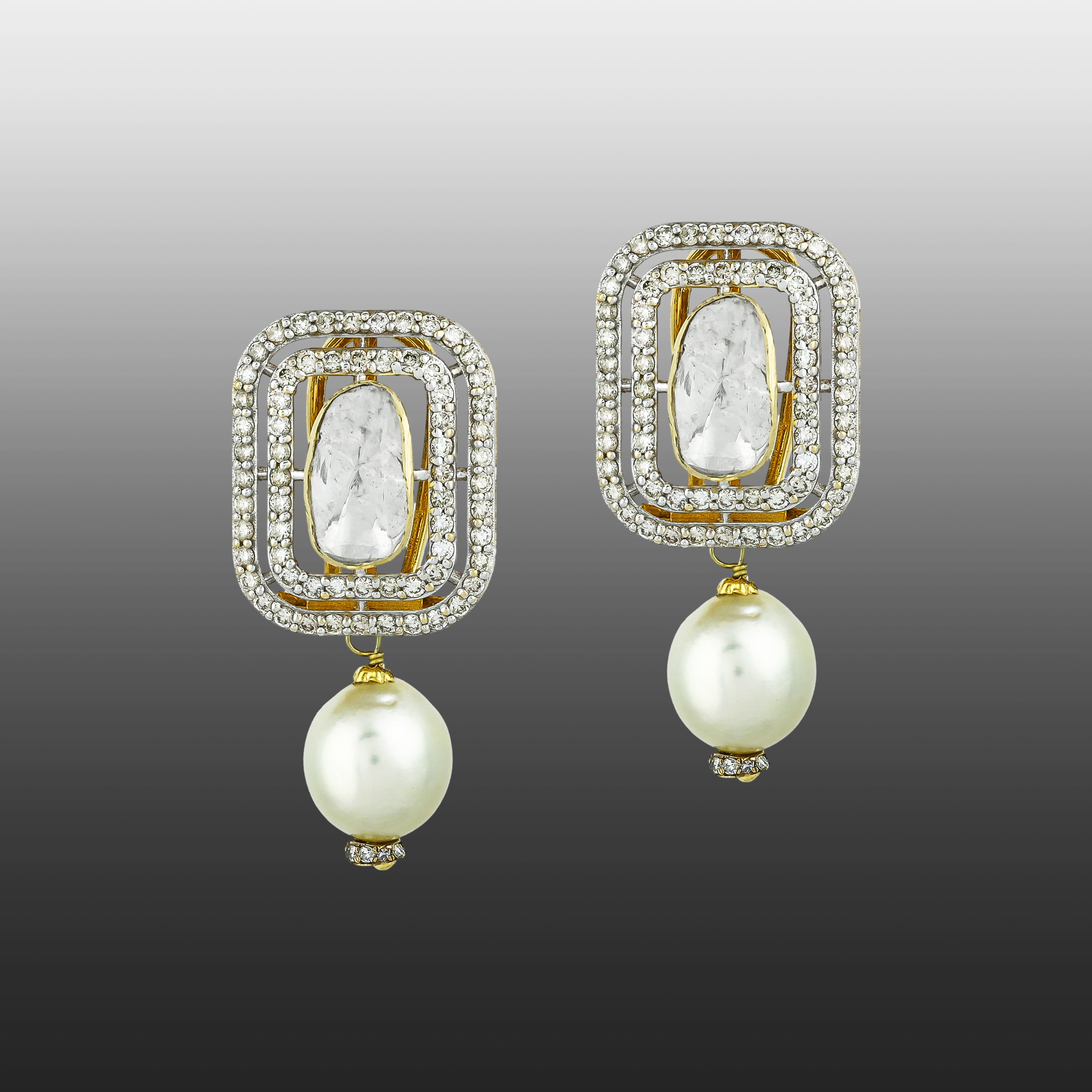 Polki Earrings with Diamond Frames & Southsea Pearls