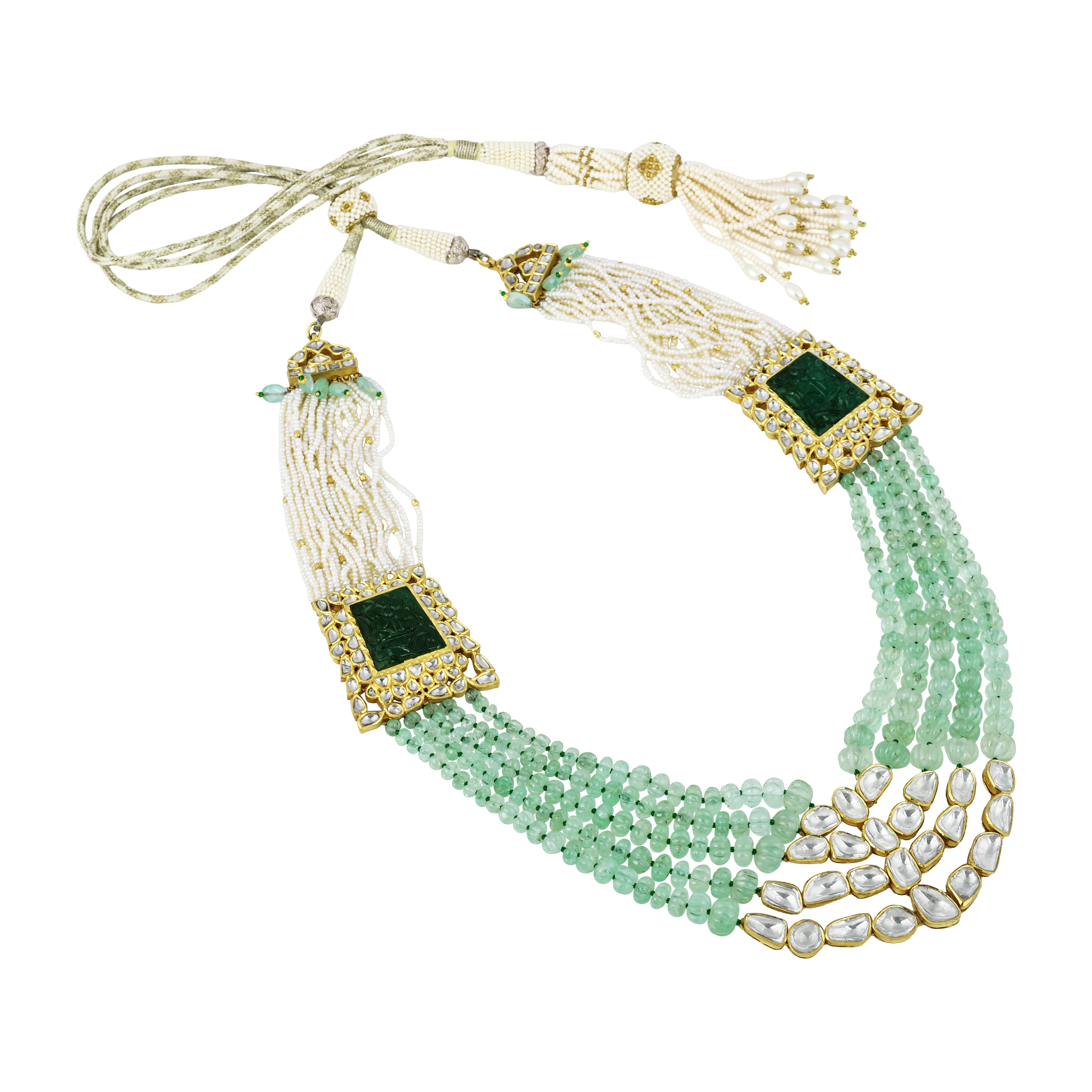 Polki Necklace with Carved Gemstone & Cascading Green Beads