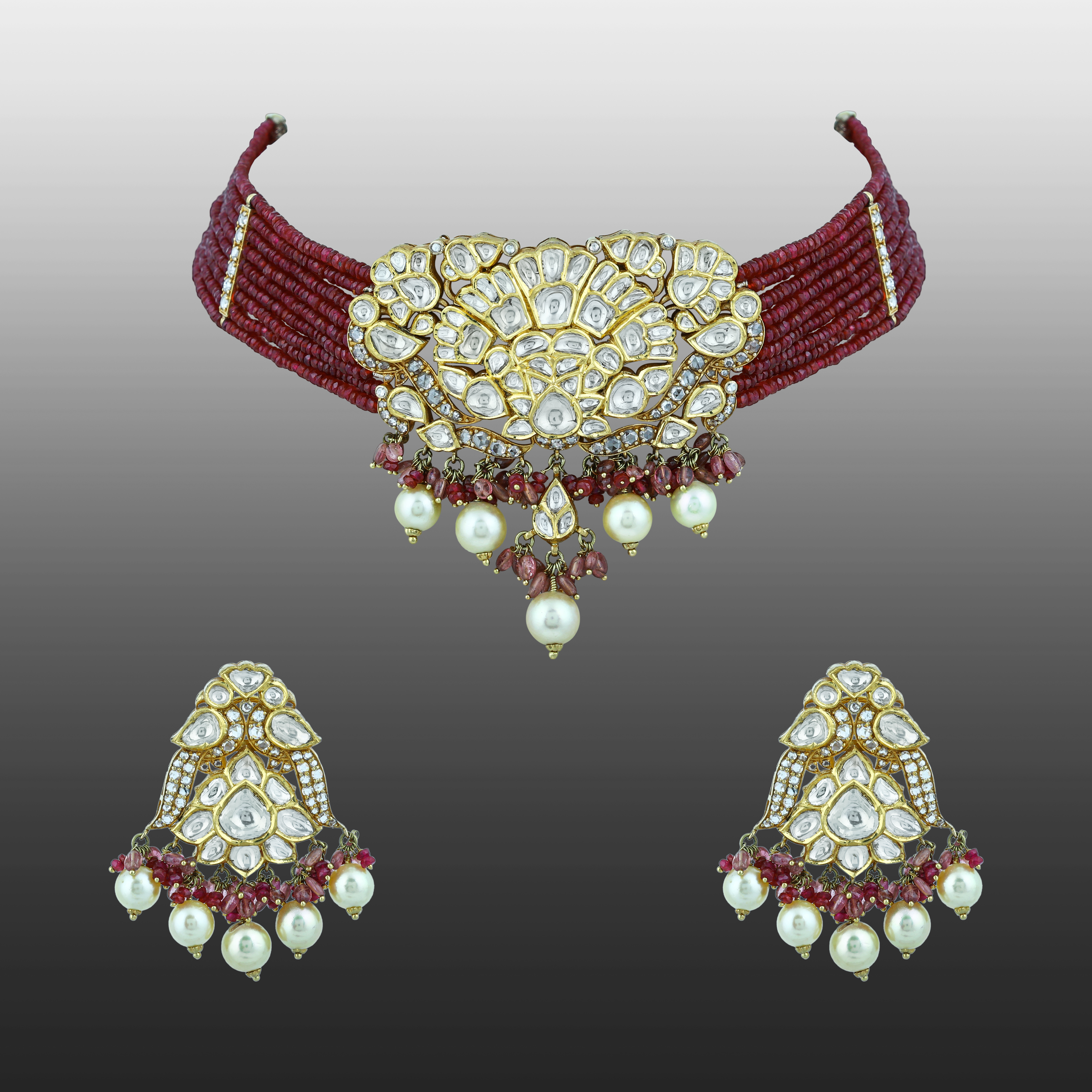 Choker Set with Uncut and Fullcut Diamonds, Ruby Beads & Pearls