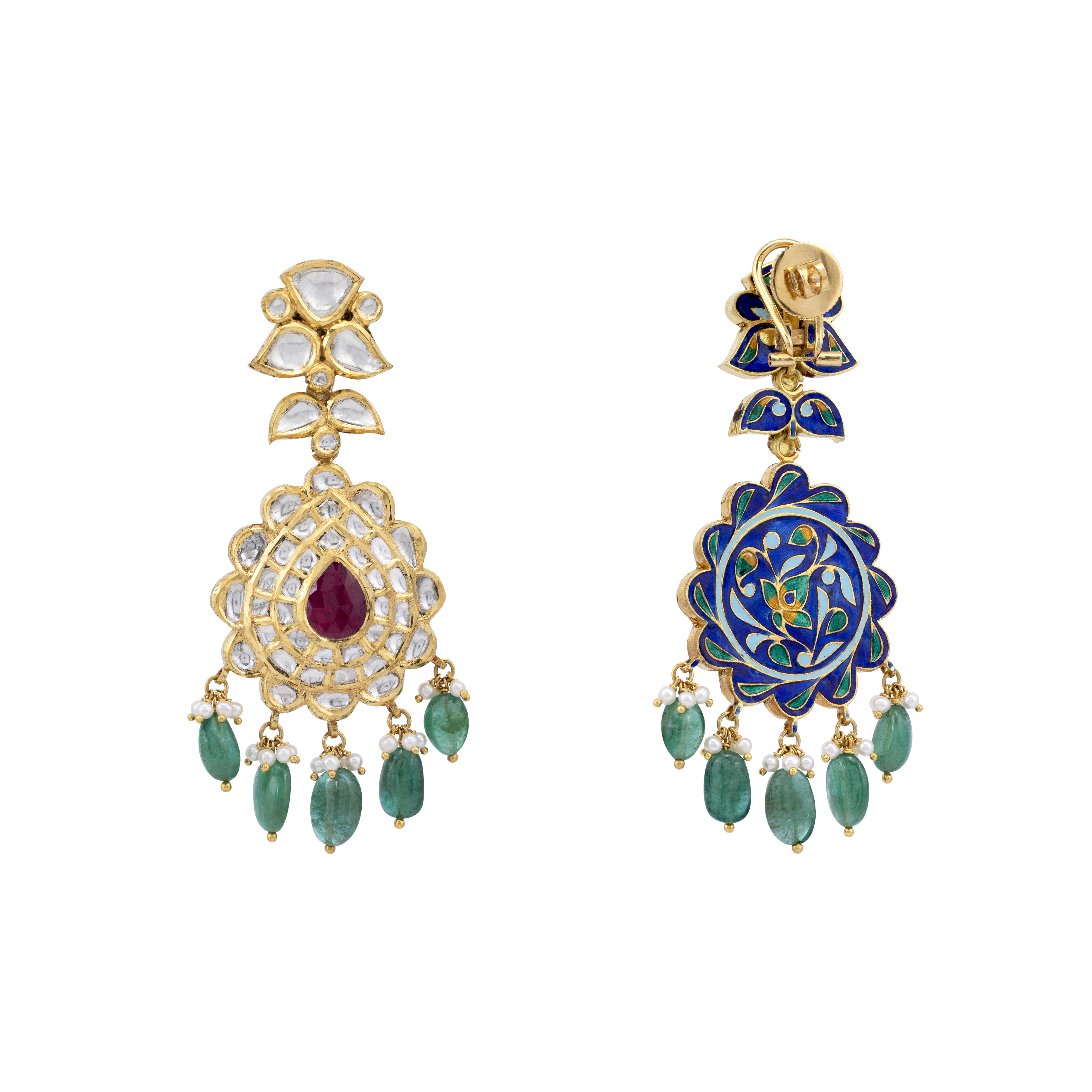Teardrop Ruby Jadau Earrings with Emerald Drops