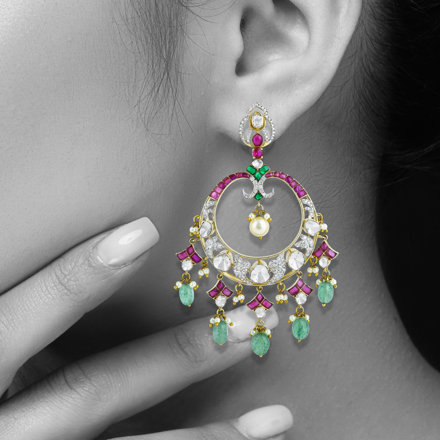 Polki Hoop Earrings with Emerald Drops, Pink Talaf, and Pearl Accents
