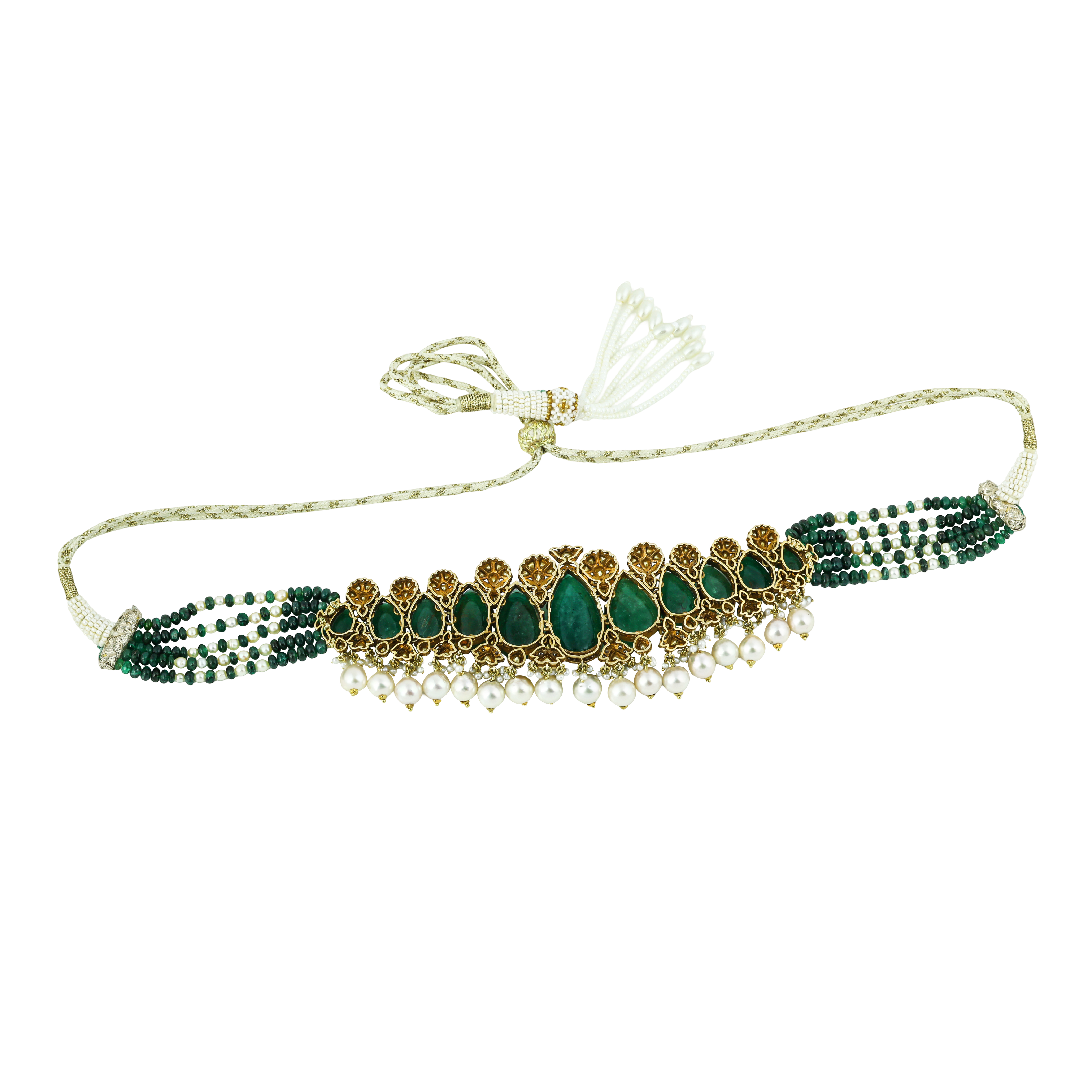 Emerald Drop Cabochon Choker Set with Polki Diamonds and Pearls