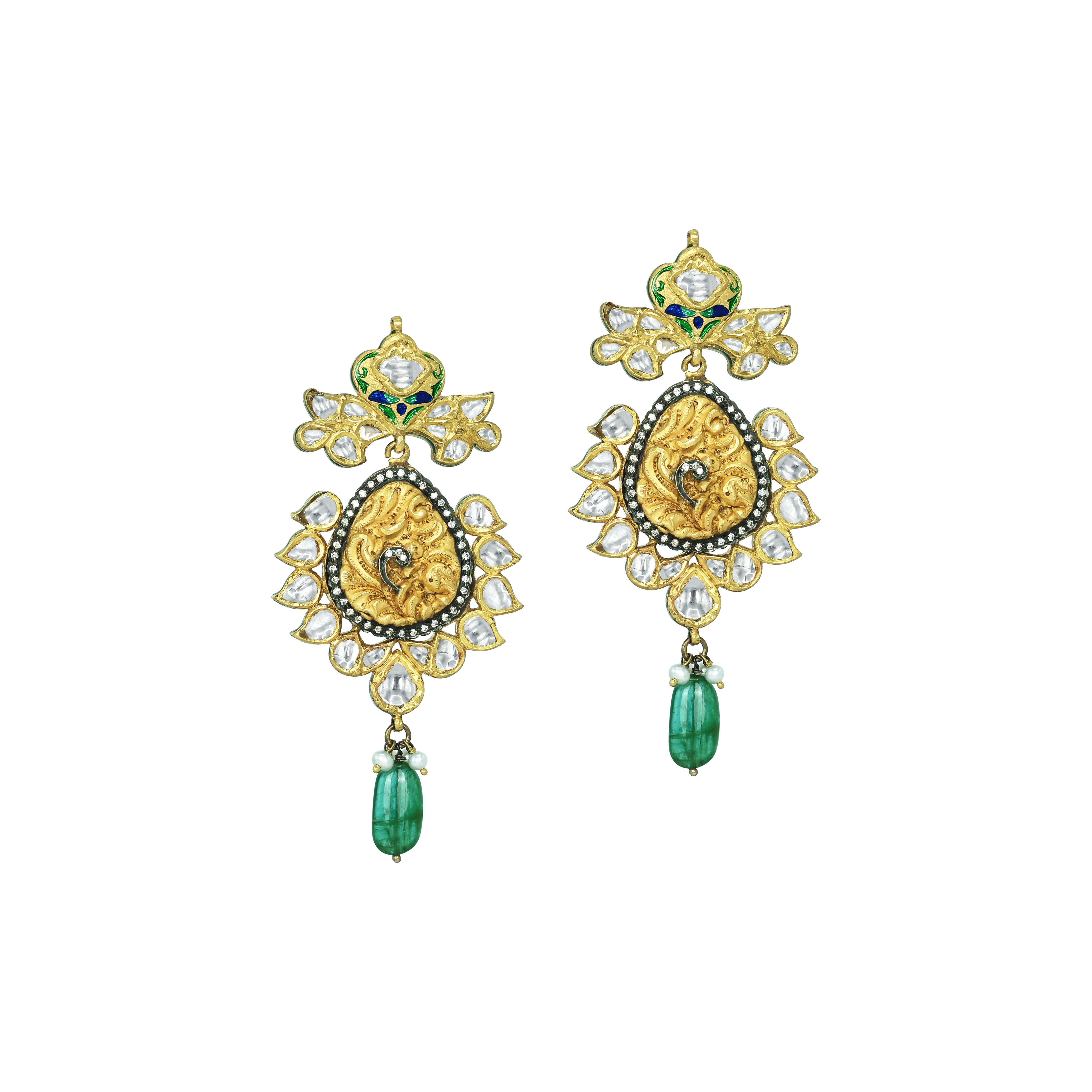 Krishna Polki Pendant Necklace Set with Pearls, Emeralds and Enamel