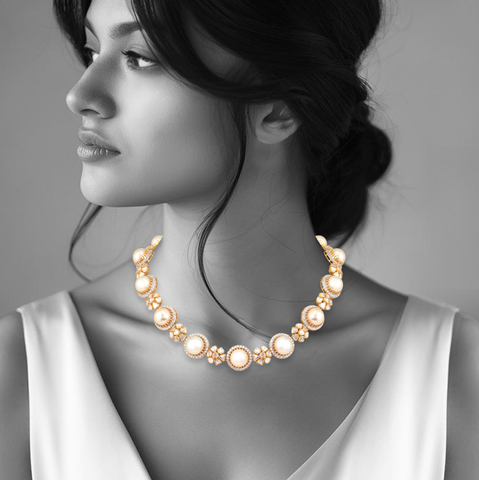 Uncut Polki Floral Necklace with Diamond and Pearls