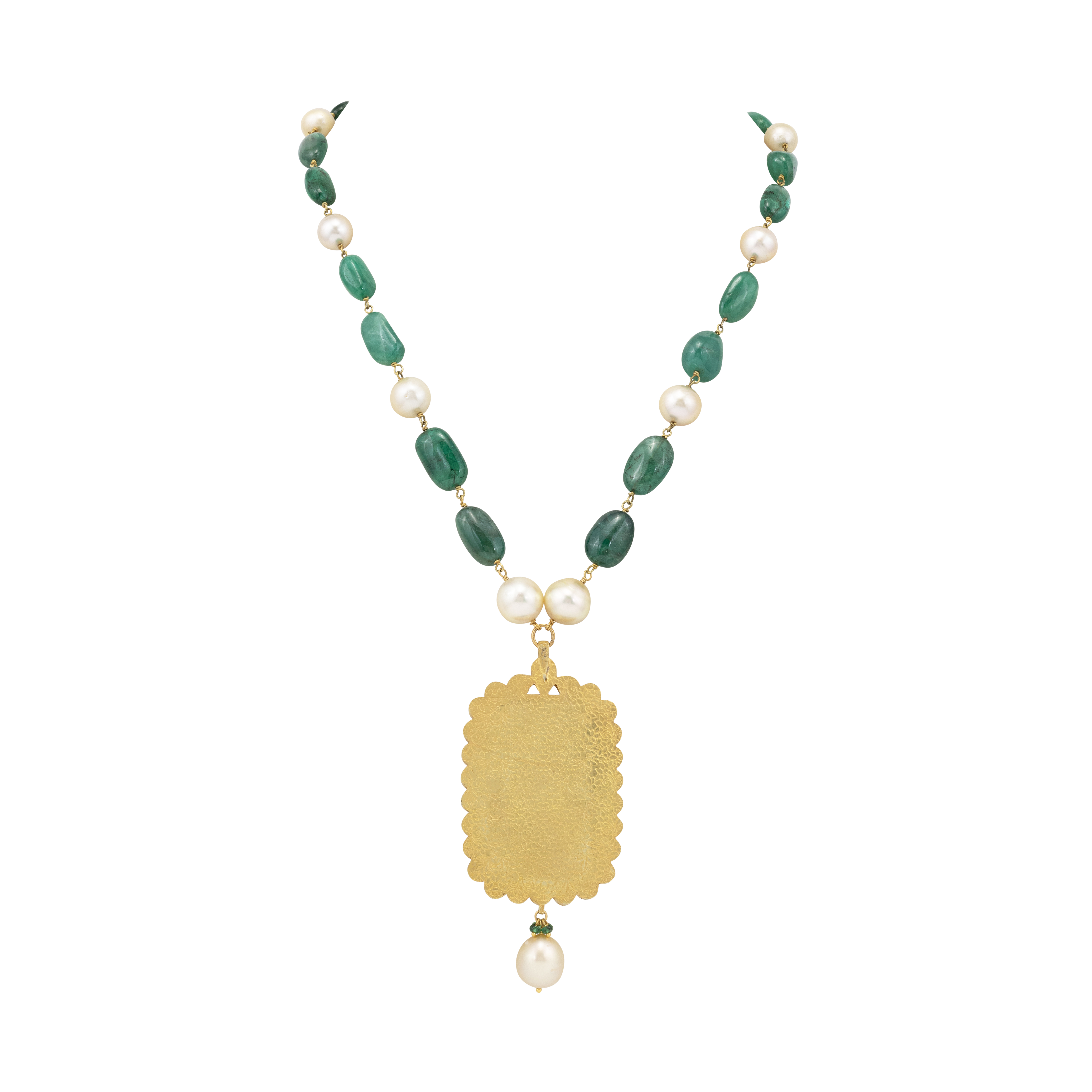Emerald and Pearl Necklace with Ruby Floral Inlay