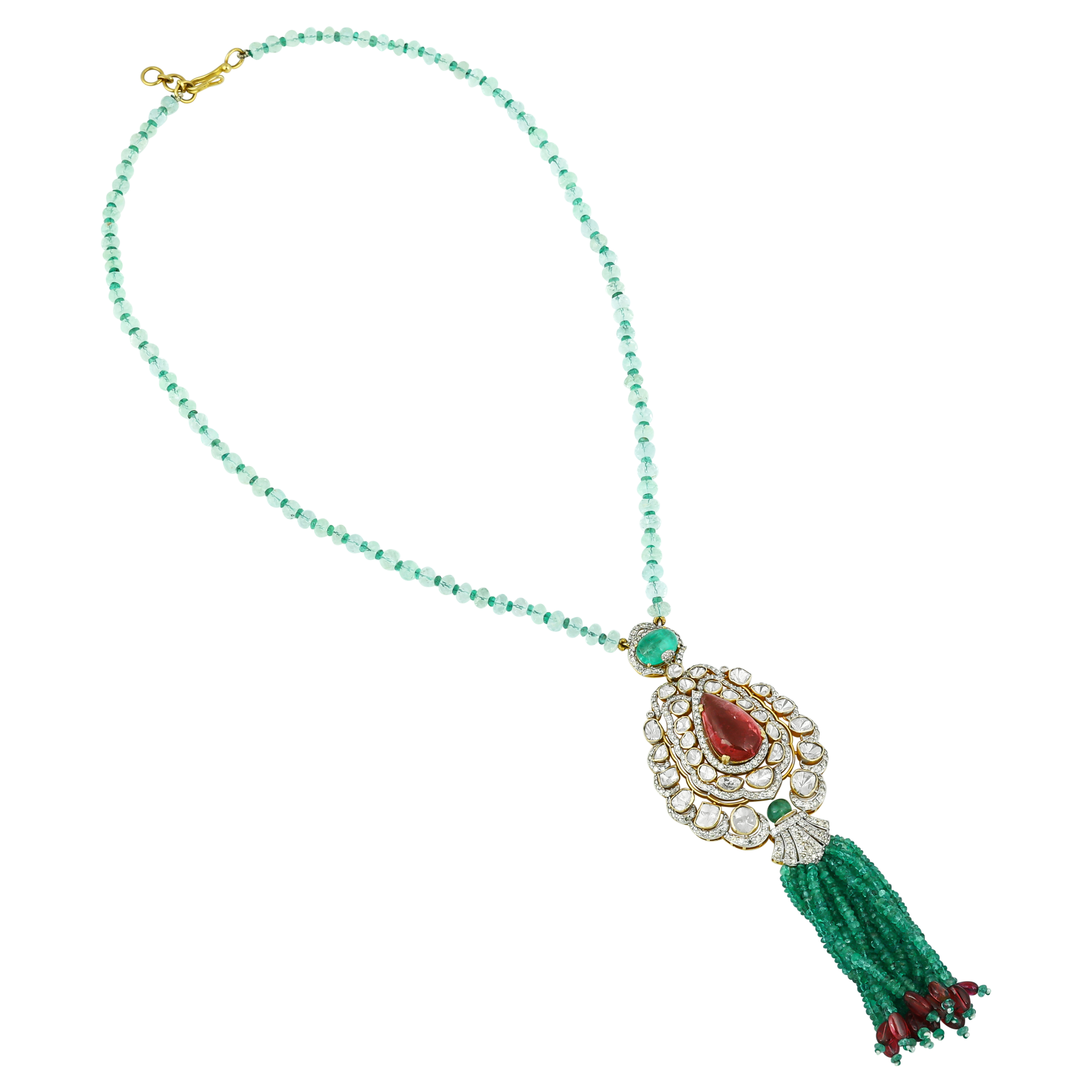 Pear Tourmaline Polki Pendant with Emerald Bead Tassels