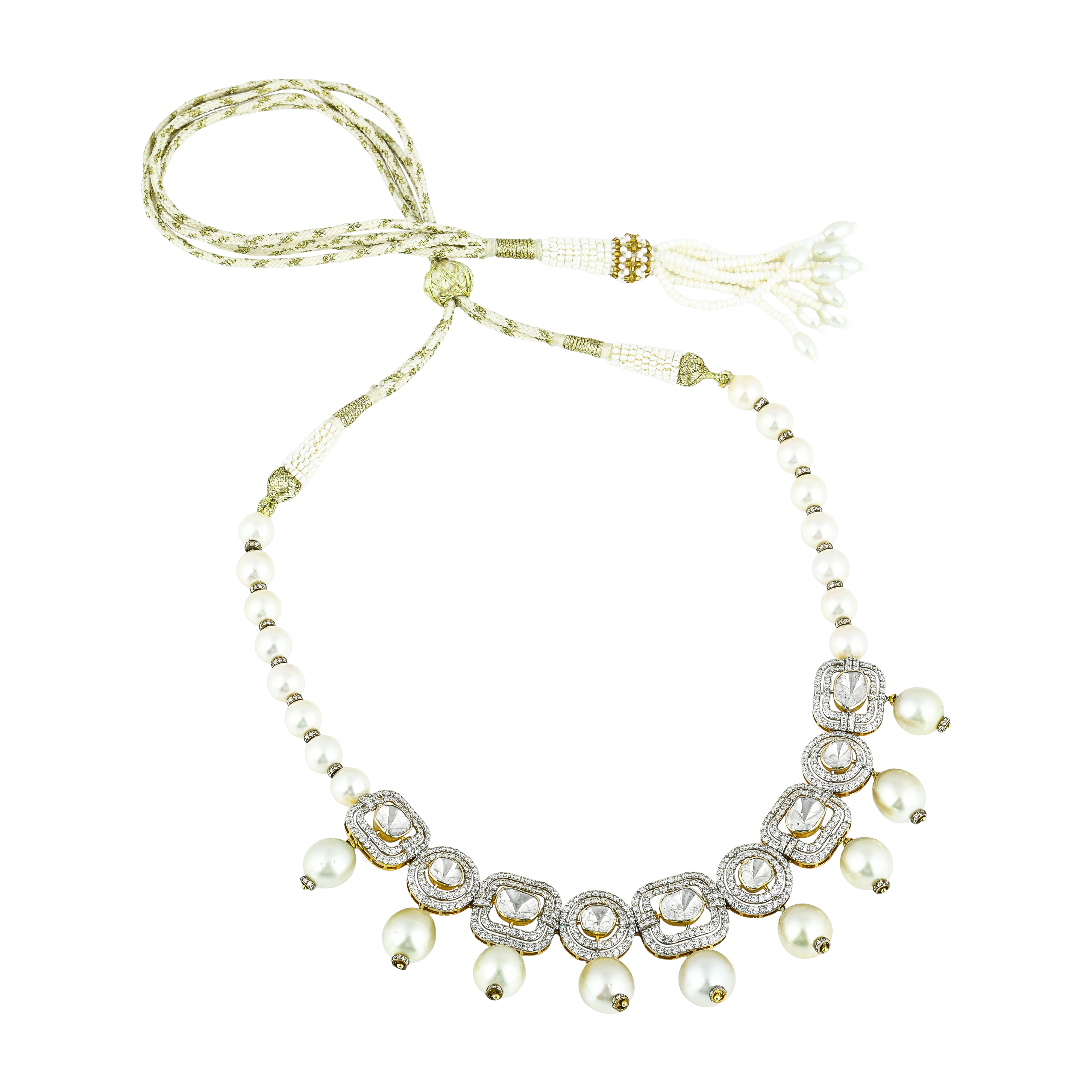 Square Polki Necklace with Diamond Frames & Southsea Pearls