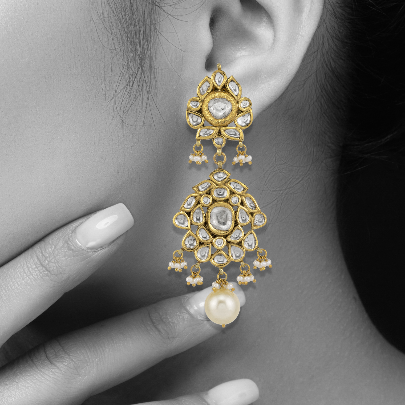 Elegant Polki Earrings with Pearl Drops
