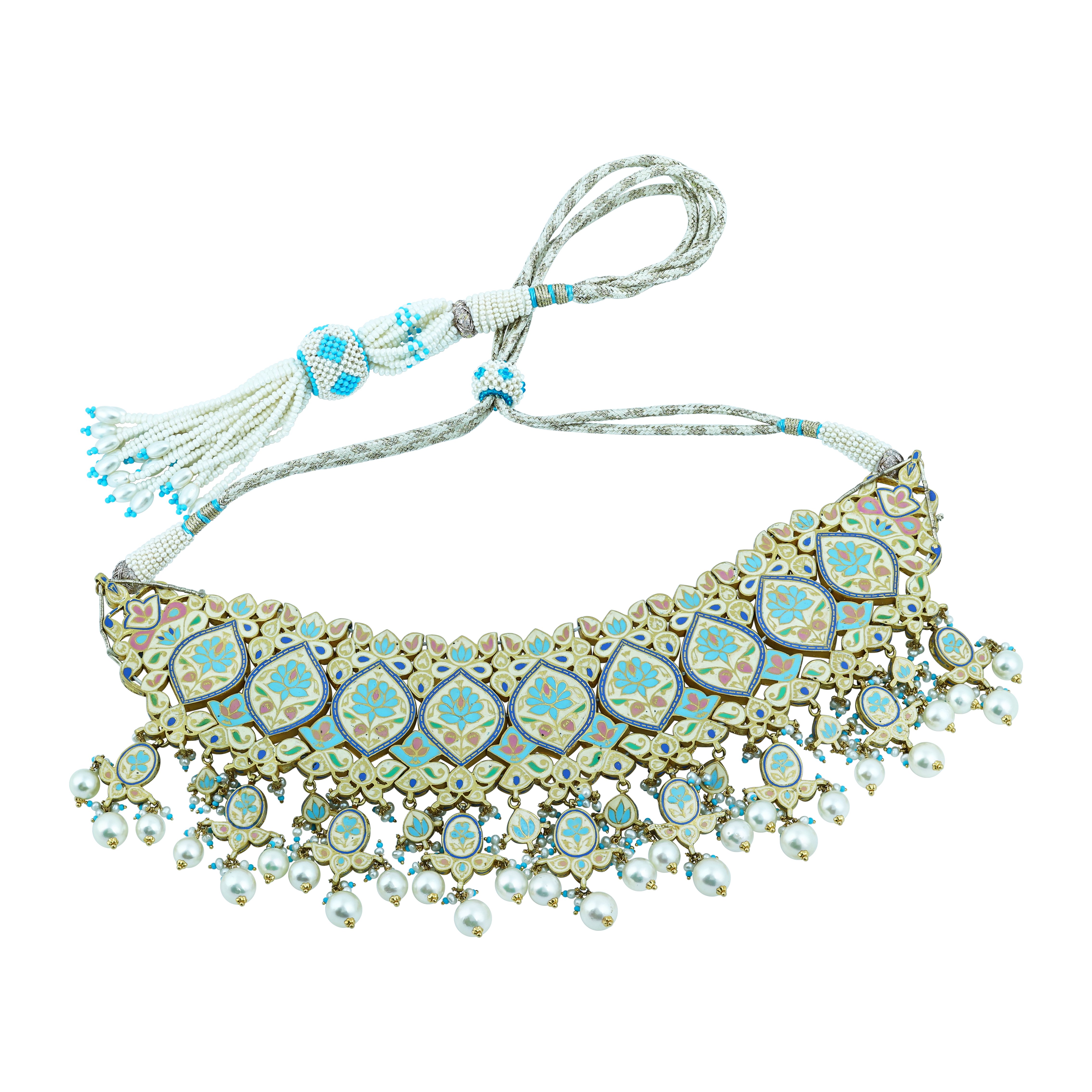 Turquoise Enamel Choker Set with Teardrop Polki and Pearl Clusters