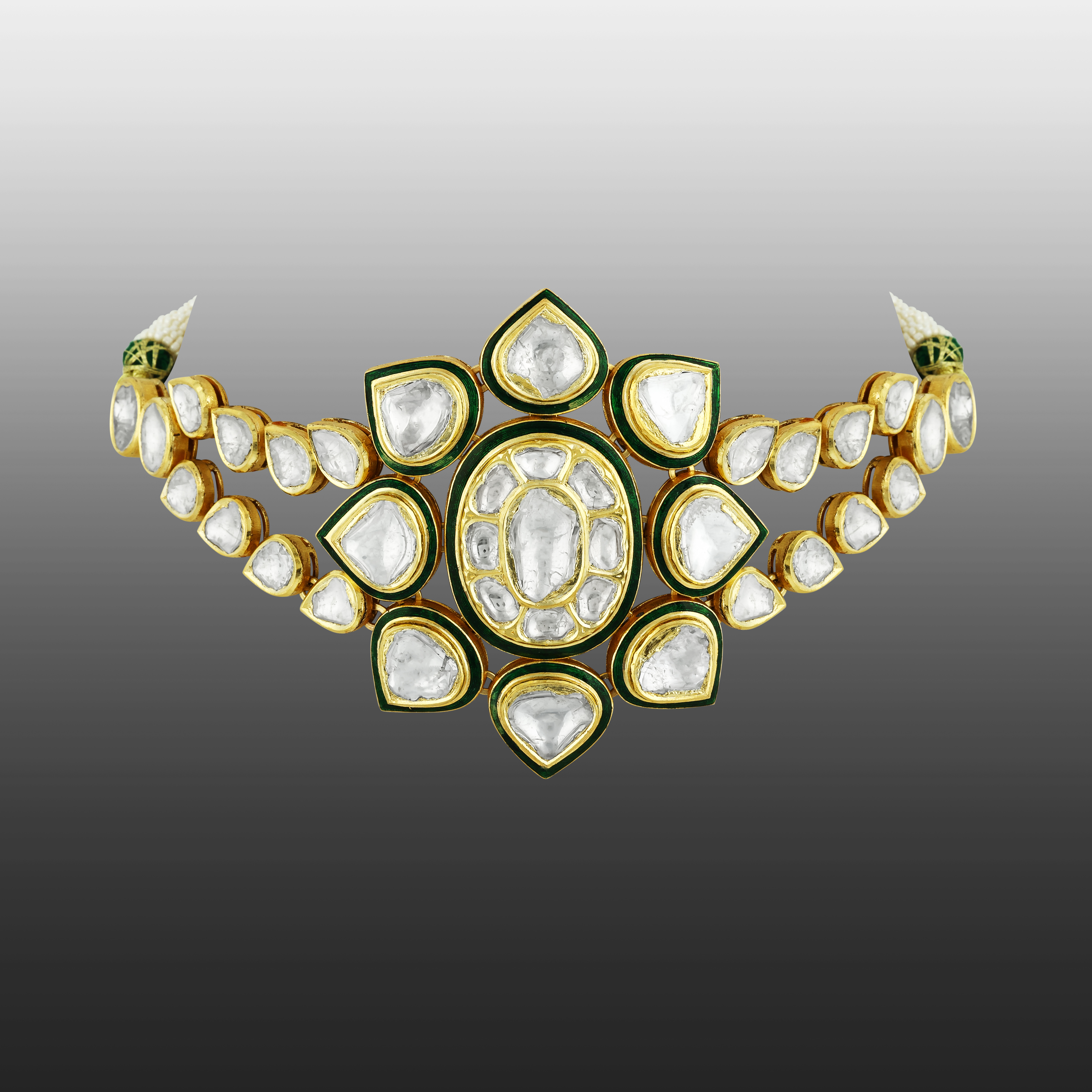 Flower Polki Choker with Green Enamel and Dual Polki Strings