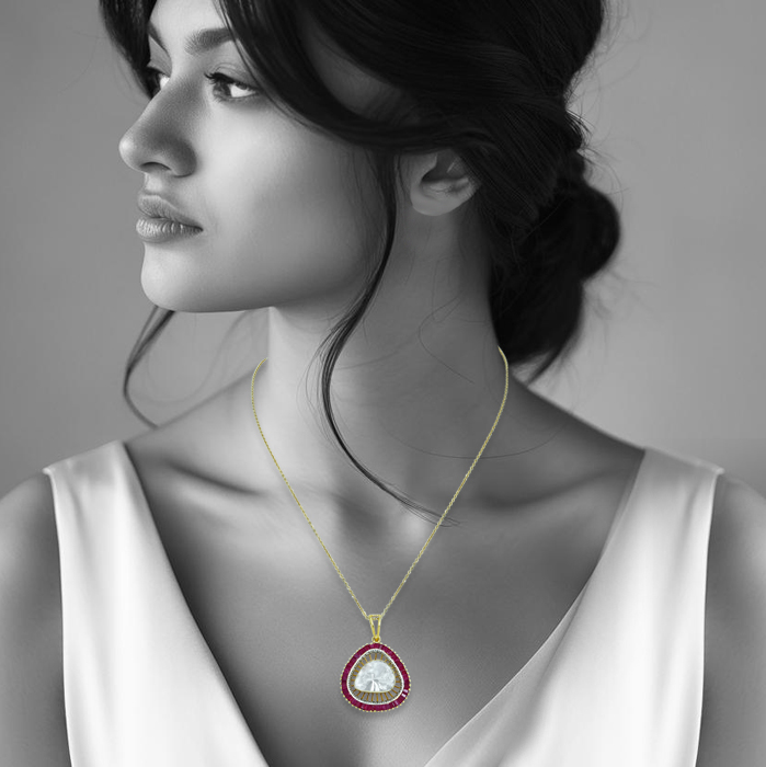 Pear-Shaped Polki Pendant with Red Ruby Baguettes