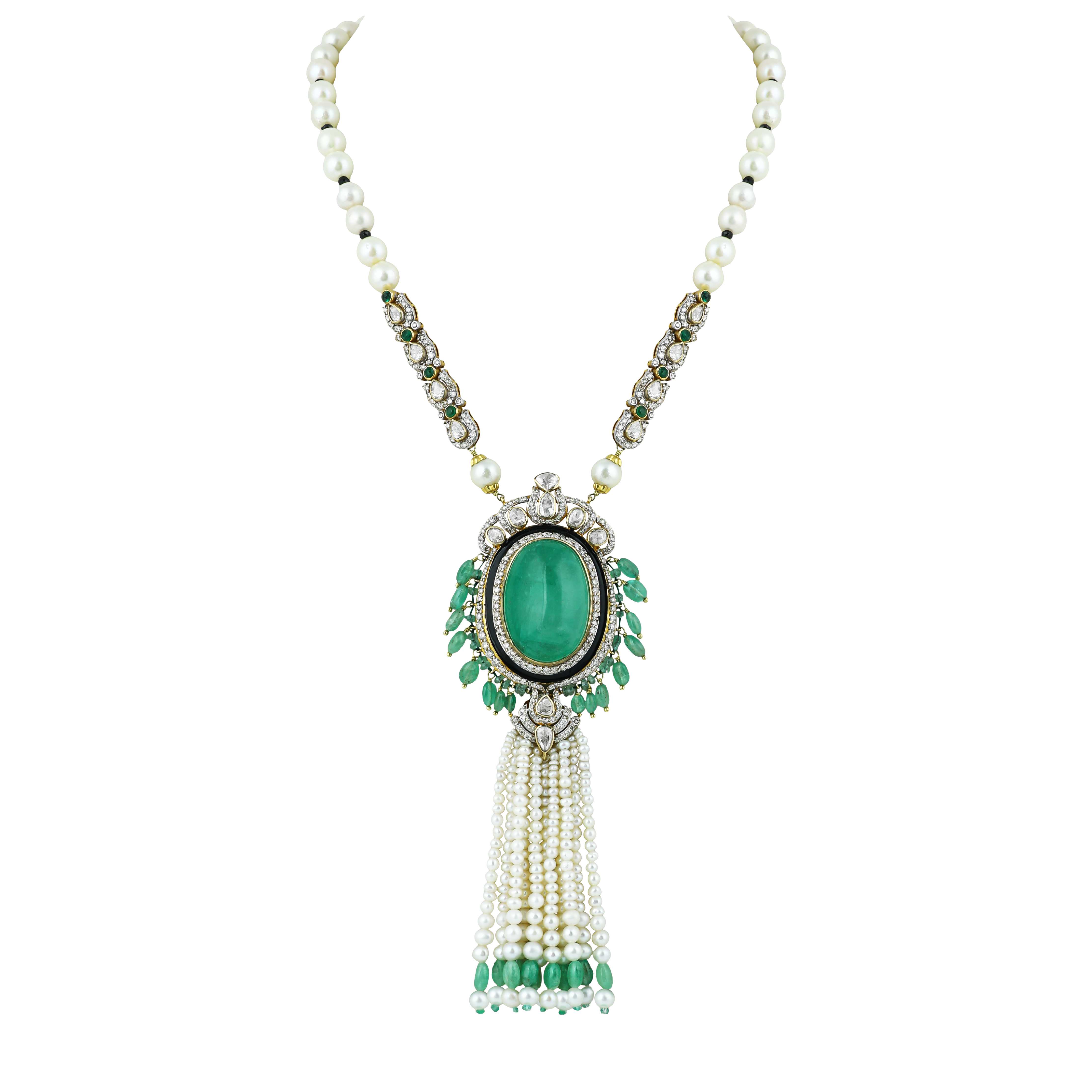 Oval Emerald Polki Pendant with Pearl & Emerald Tassels