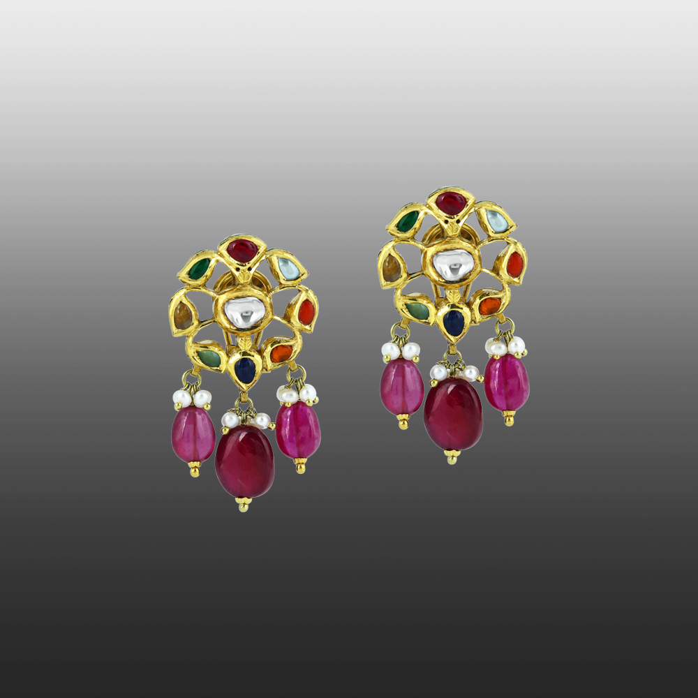 Polki Navaratna Choker Set with Ruby Drops and Detachable Kalangi